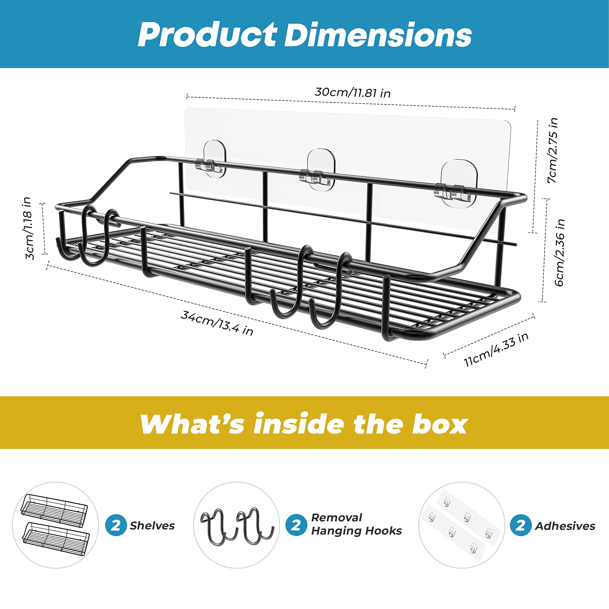 Kesol Adhesive Shower Caddy Shower Shelf Shower Organizer With Hooks, Sus304 Stainless Steel, 2 Pack (Black)