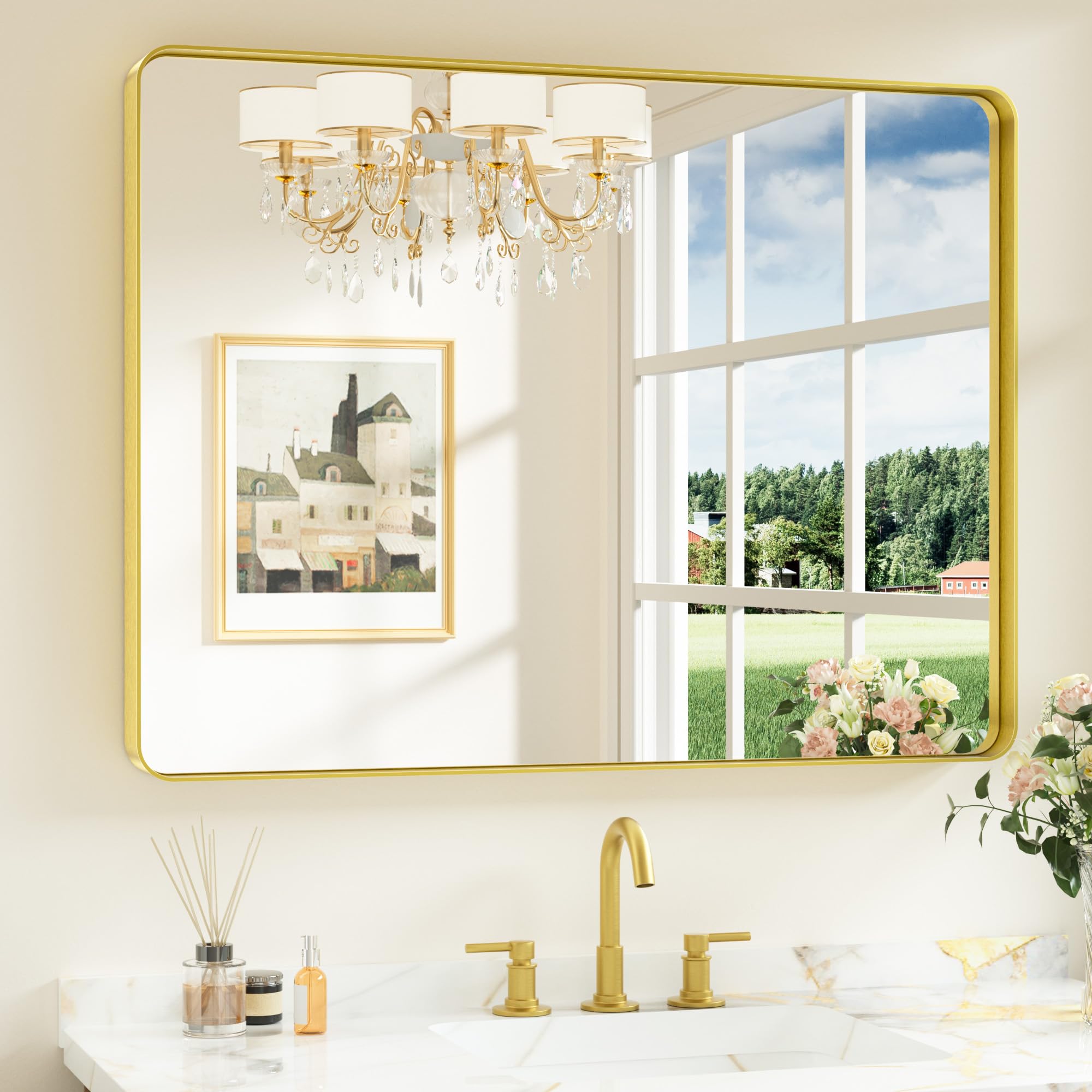 Keonjinn Gold Bathroom Mirrors for Over Sink, 40    x 30    Brushed Brass Mirror, Large Rounded Rectangle Gold Vanity Mirror wit