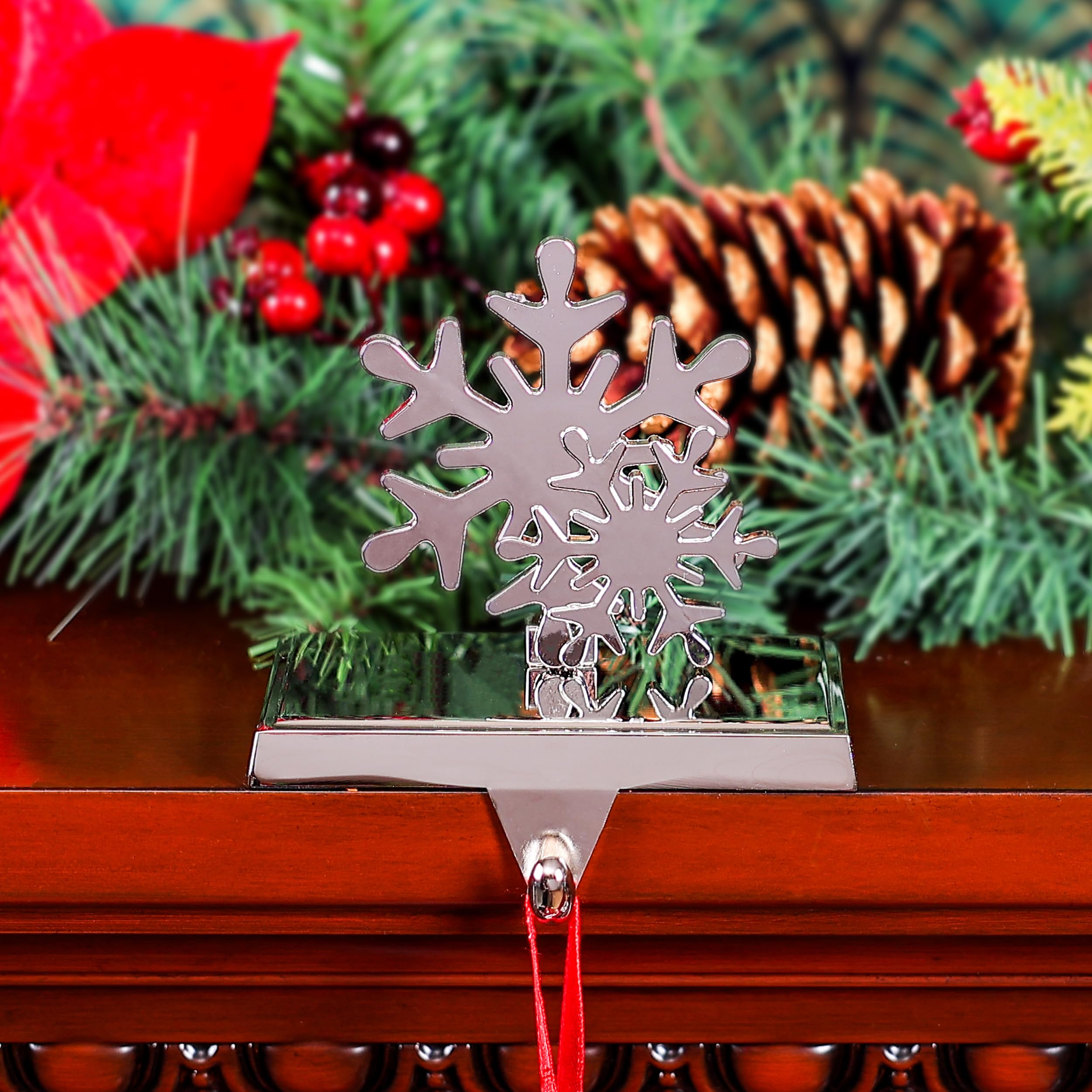 Amooca Christmas Stocking Holders Non-Slip Metal Hooks Fireplace Mantle Stocking Hanger for Christmas Party Decorations (Snowfla