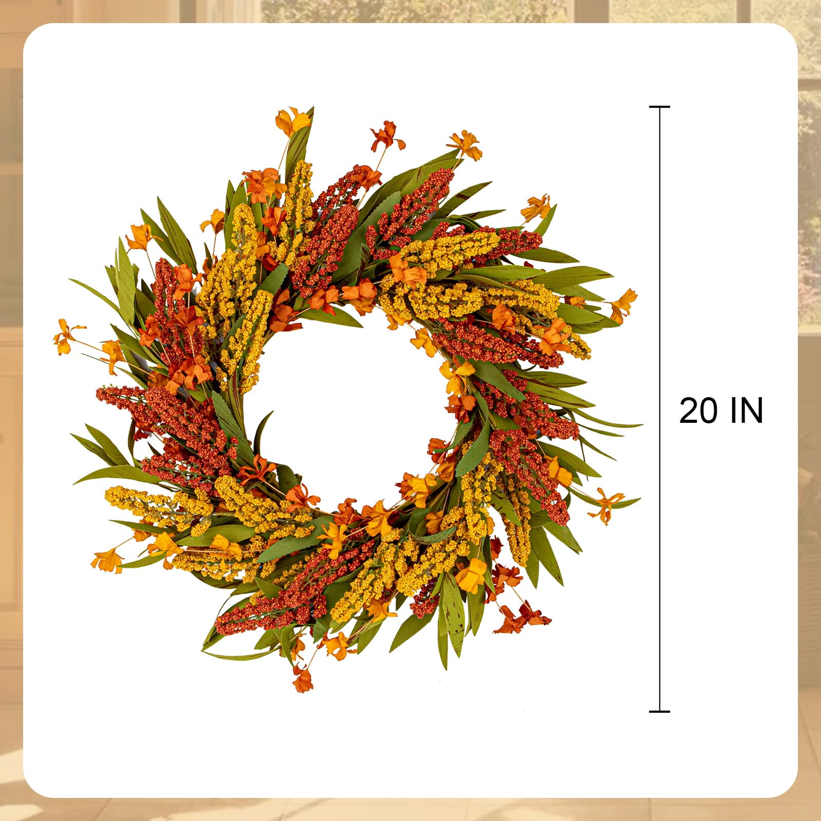 VioletEverGarden Fall Wreath for Front Door 20 Inch Autumn Wreaths Artificial Thanksgiving Wreath with Orange Yellow Sorghum Ear