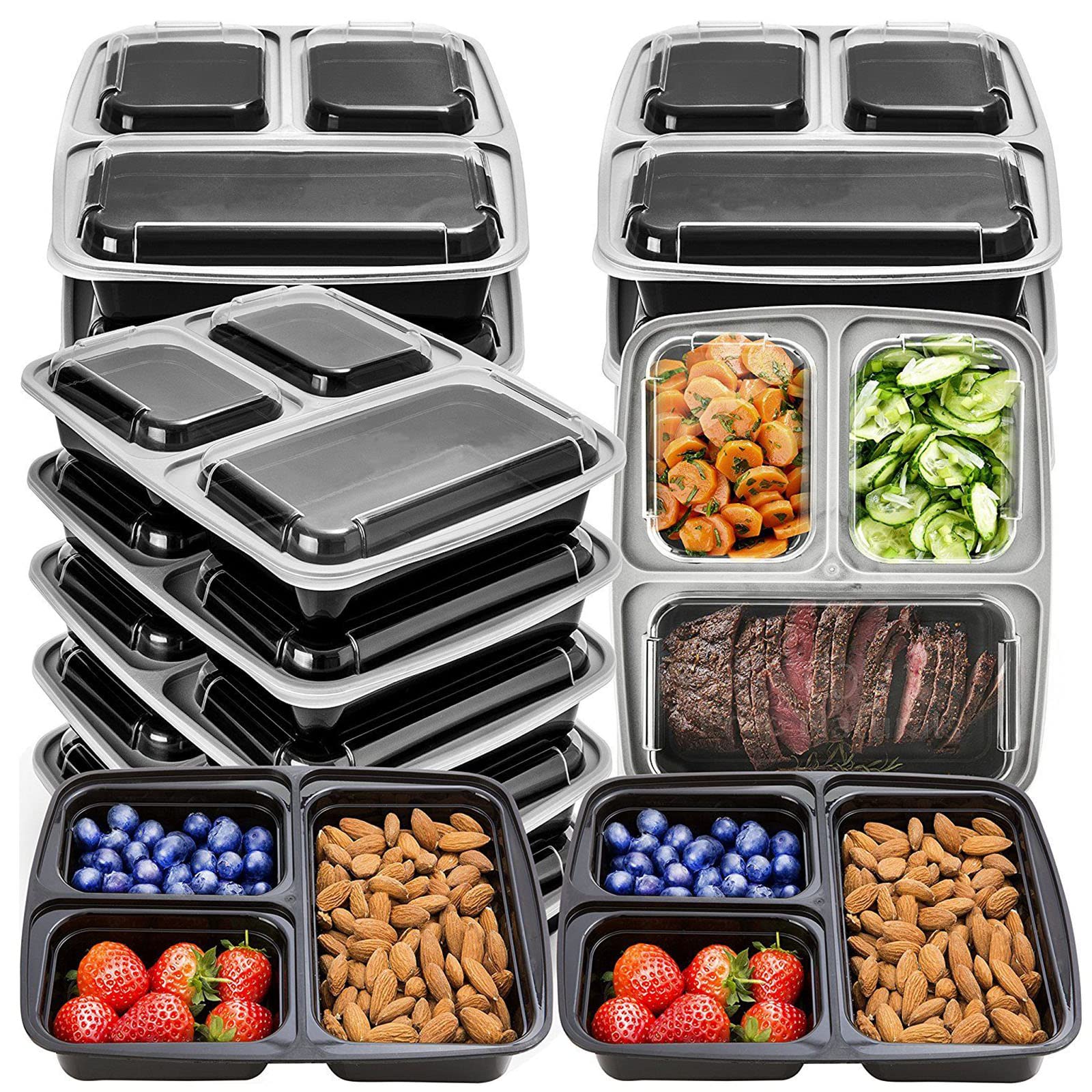 Morden Ms Meal Prep Container With Lids, 50 Pack 3 Compartment Reusable Food Storage Container Divided Plastic Bento Box Lunch B