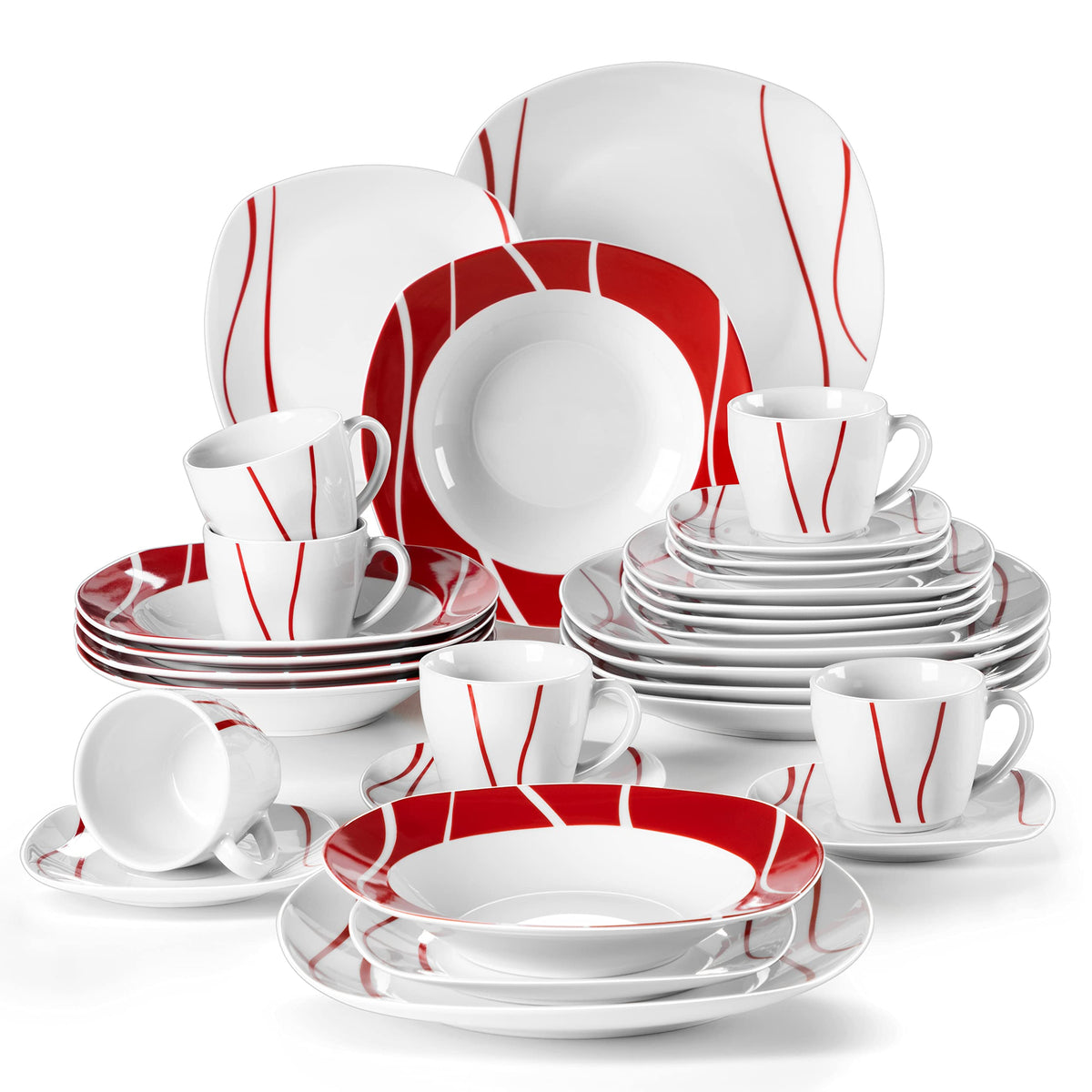 MALACASA Dinnerware Sets, 30-Piece Porcelain Square Dishes, Gray White with Red Rim, Modern Dish Set for 6 - Plates and Bowls Se