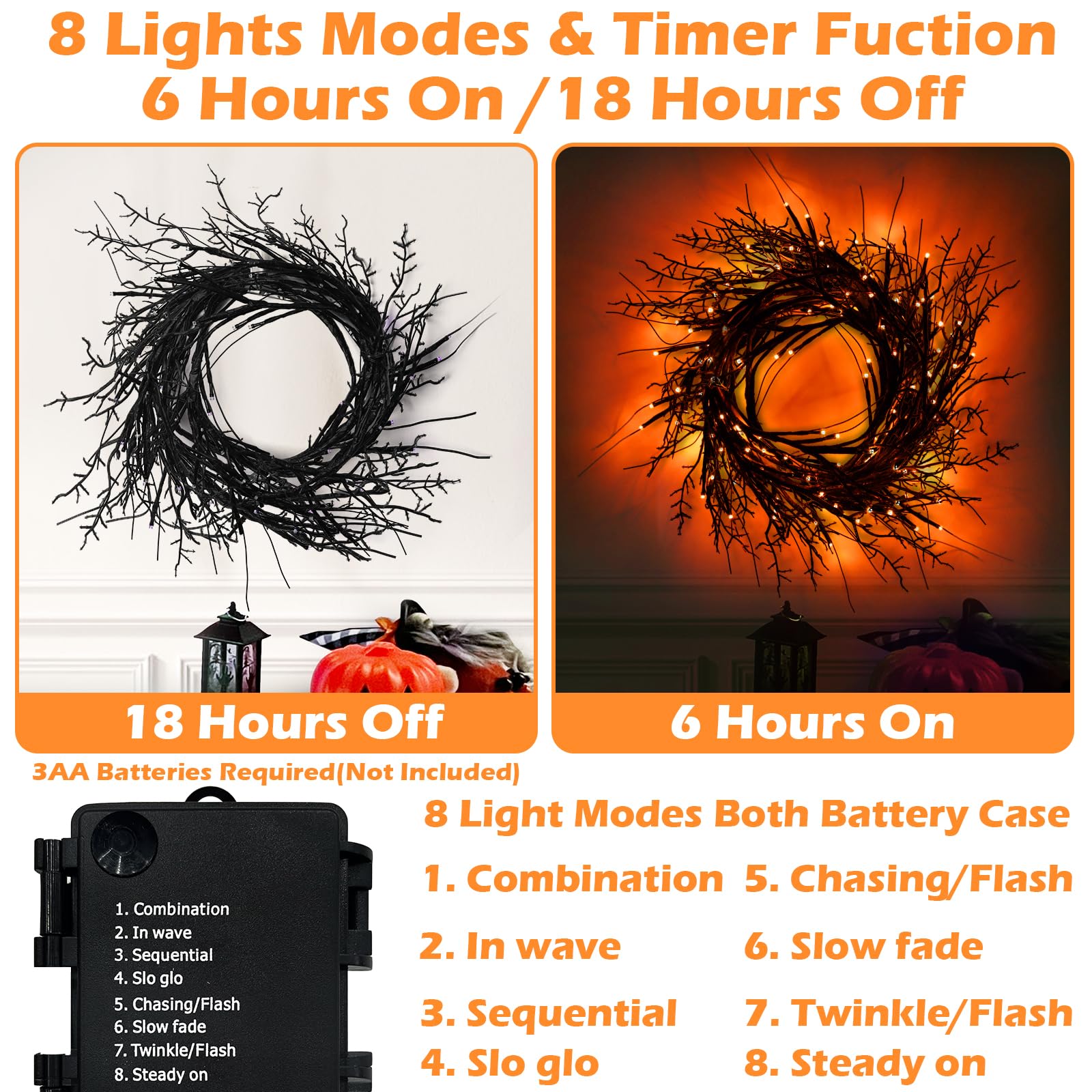 SURCVIO 9 Ft 54 LED Halloween Willow Vine Twig Decor Garland with 8 Modes Timer Waterproof Battery Operated Scary Halloween Deco