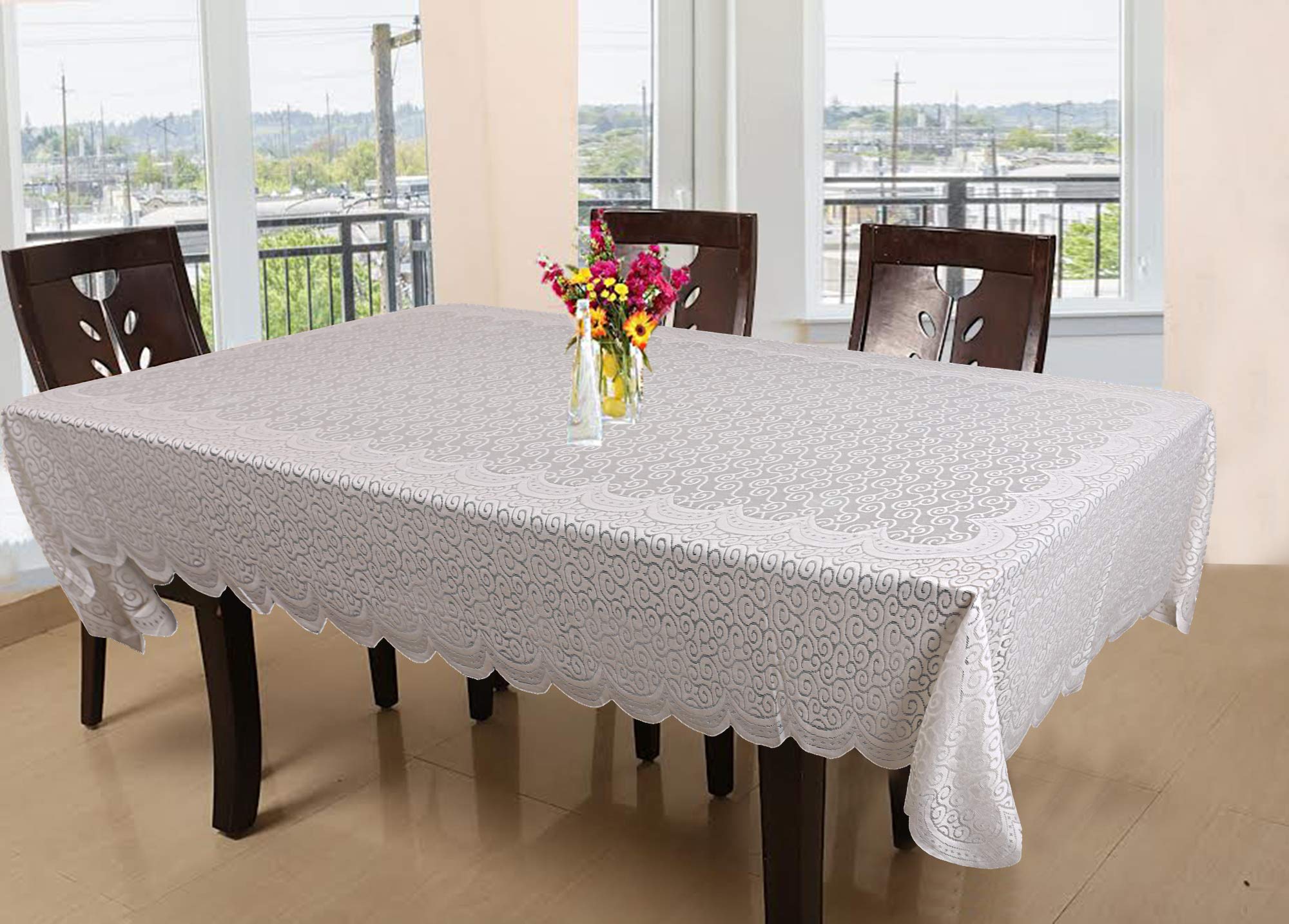 Kuber Industries Zig Zag Design Cotton 6 Seater Dining Table Cover - White