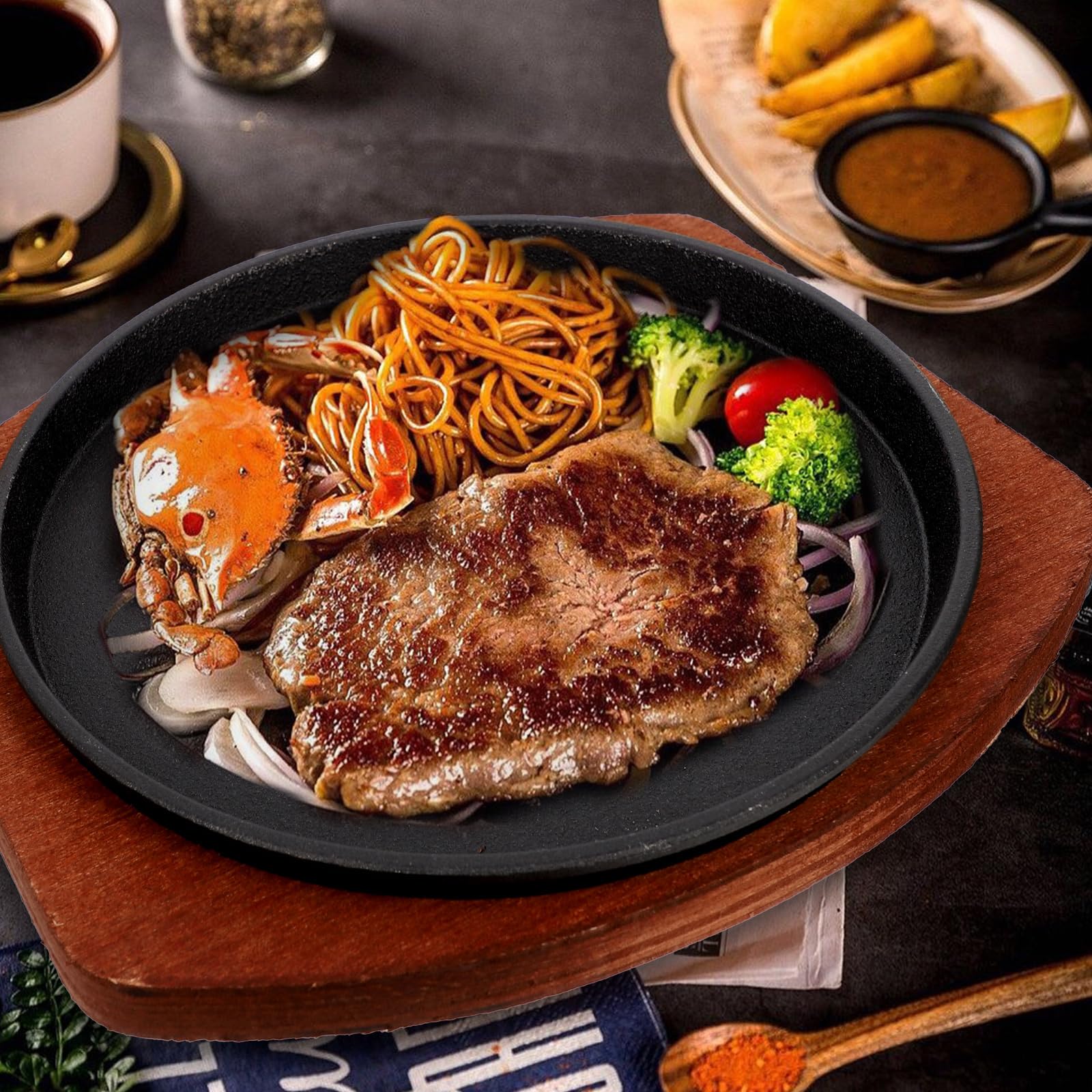 Fajita Plate Cast Iron Fajita Pan With Wooden Tray Sizzling Japanese Steak Plate For Home Restaurant