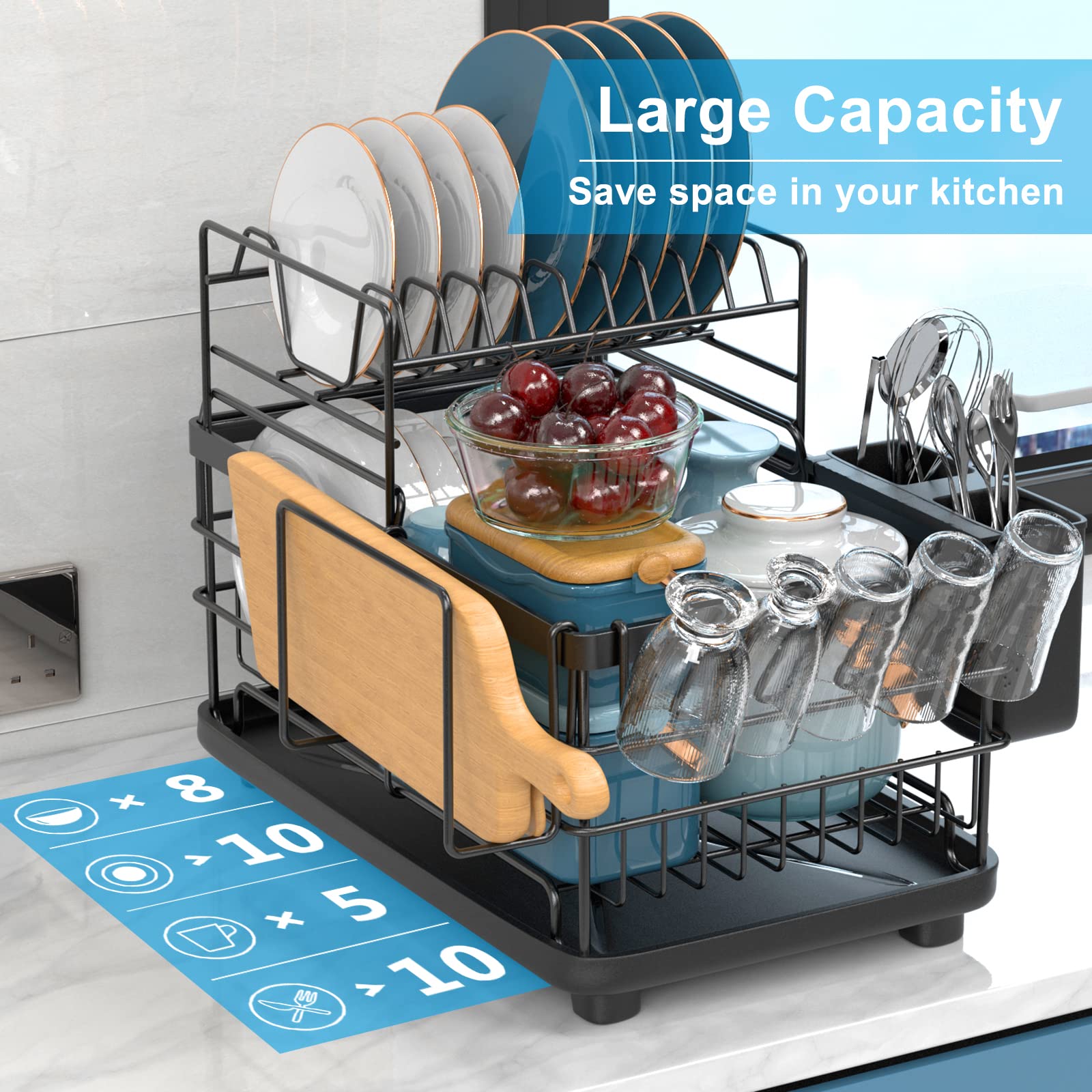 Aonee 2 Tier Dish Drying Rack With Drainboard, Cutlery Holder, Cutting-Board/ Cup Holder And 3 Hooks For Kitchen Counter, Rust-P