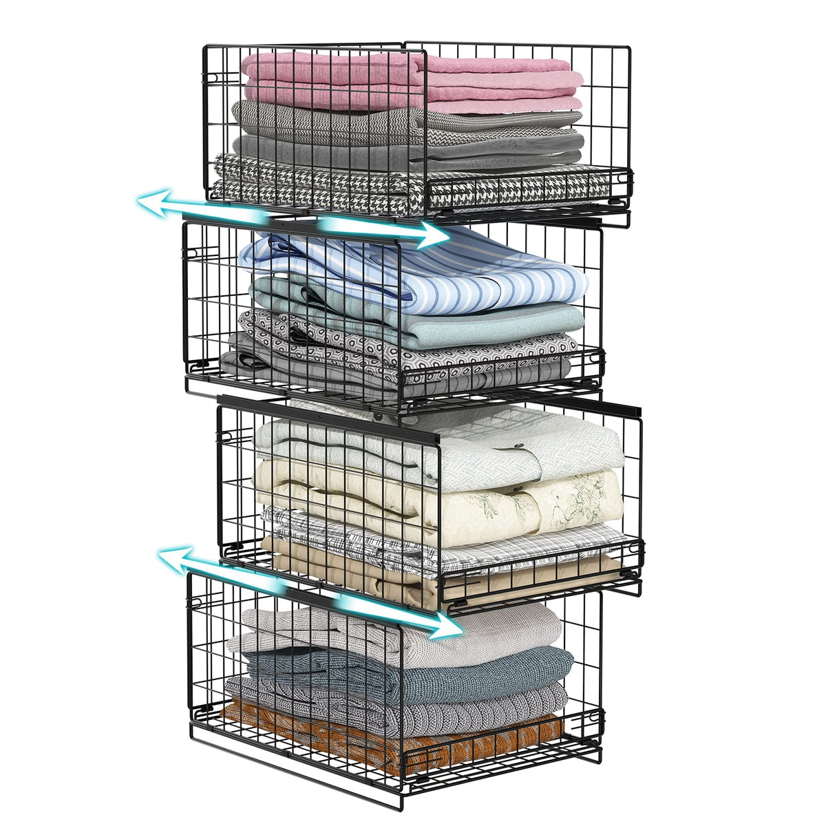 Hongtamoya 4-tier Sliding Closet Organizers and Drawer Storage Shelves, Stackable Storage Bins for Jean Pants Sweaters, Metal Dr