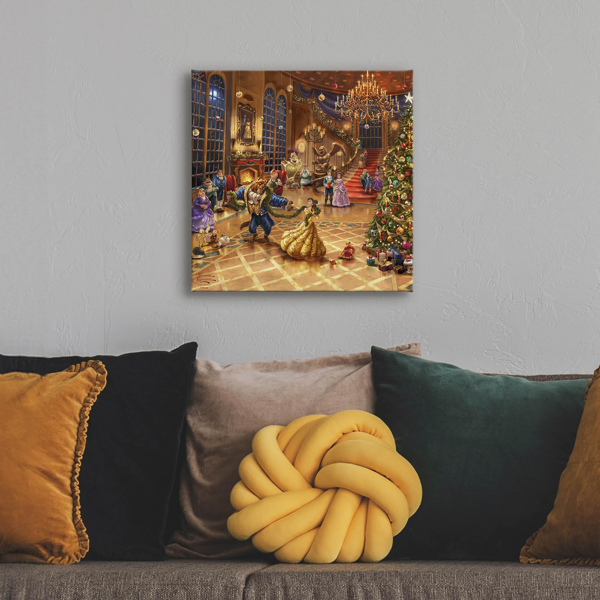Thomas Kinkade Gallery Wrapped Canvas Art - Beauty & The Beast Christmas Celebration - 14" x 14" - Certificate of Authenticity Included