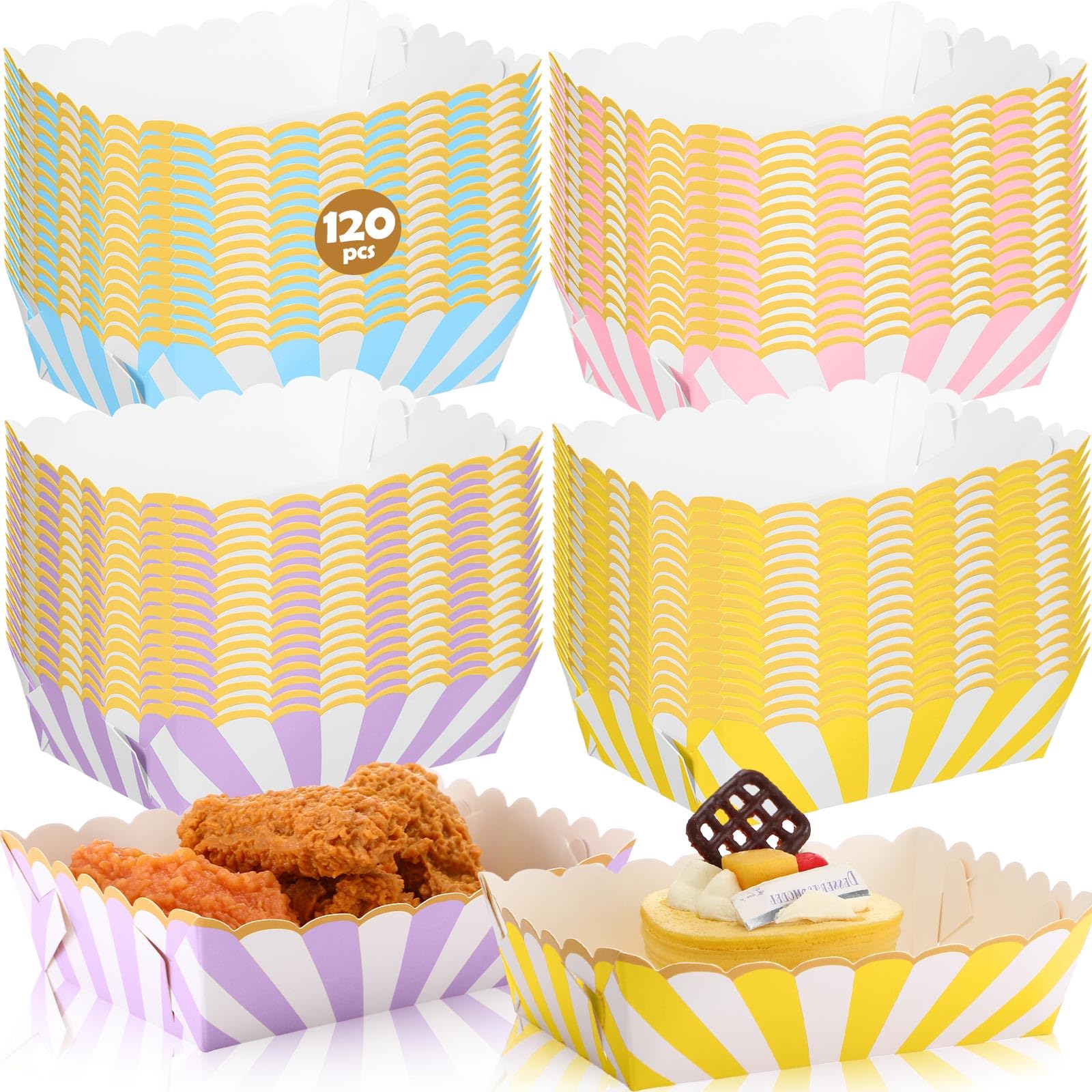 Dunzoom 120 Pcs Pastel Paper Food Trays Striped Pastel Party Supplies Kraft Food Boats 4 Colors Disposable Paper Plates Hot Dog 