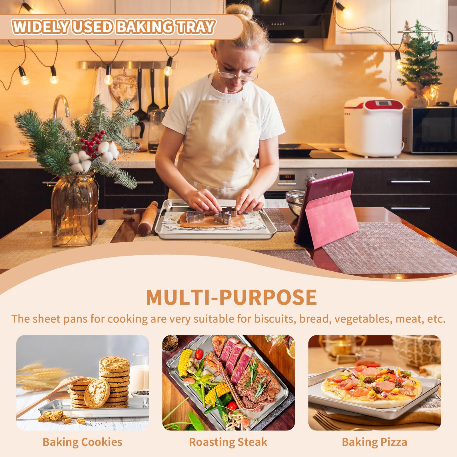 Deedro Stainless Steel Baking Sheet Set of 2, 10x8 Inch, Non-Toxic, Heavy Duty, Rust-Free, Dishwasher Safe, Silver