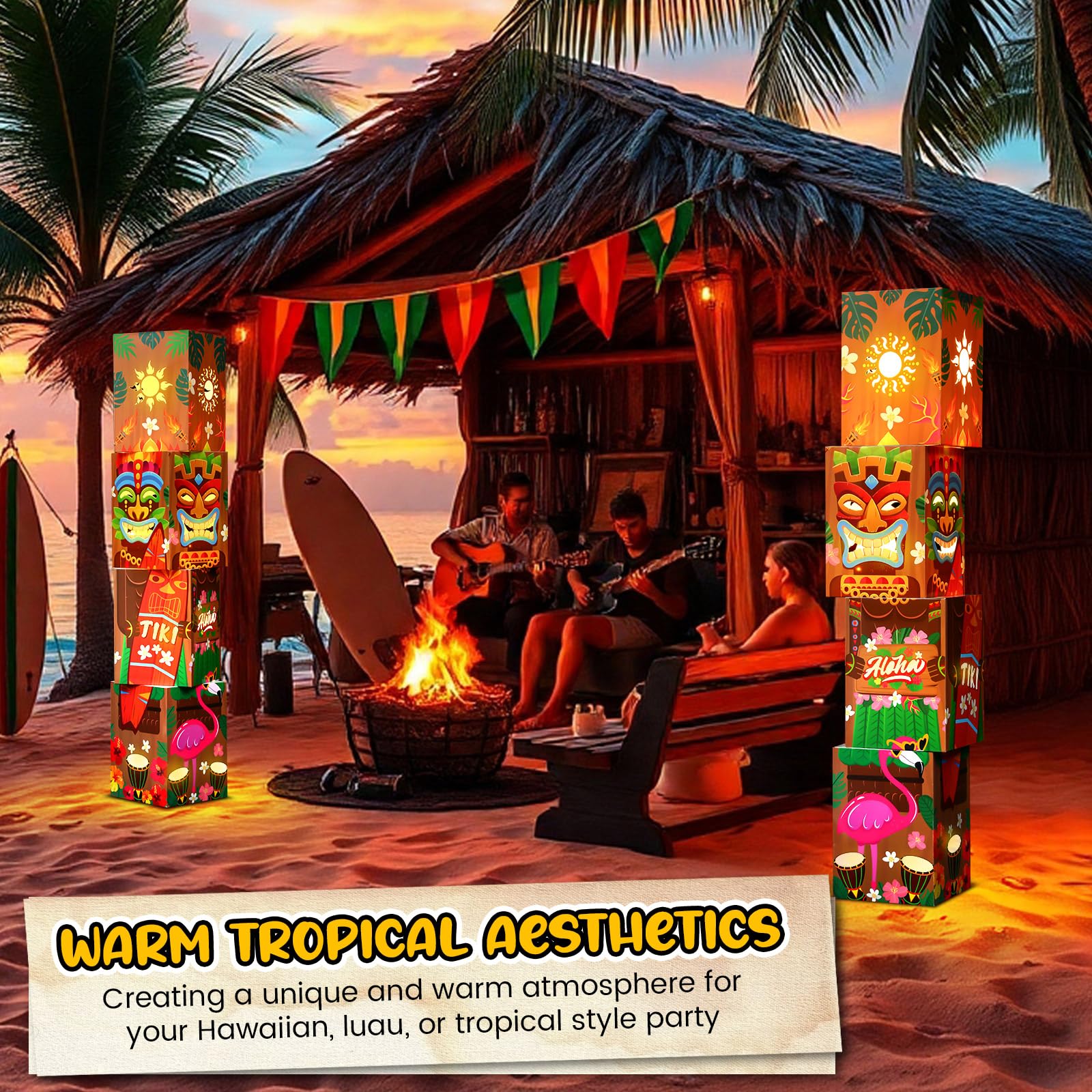 AmazingSpark 8 Pcs Tiki Totem Box Decor with Light Hawaiian Luau Party Decorations Tropical Aloha 7.87 x 7.09 Lighted Gift Boxes