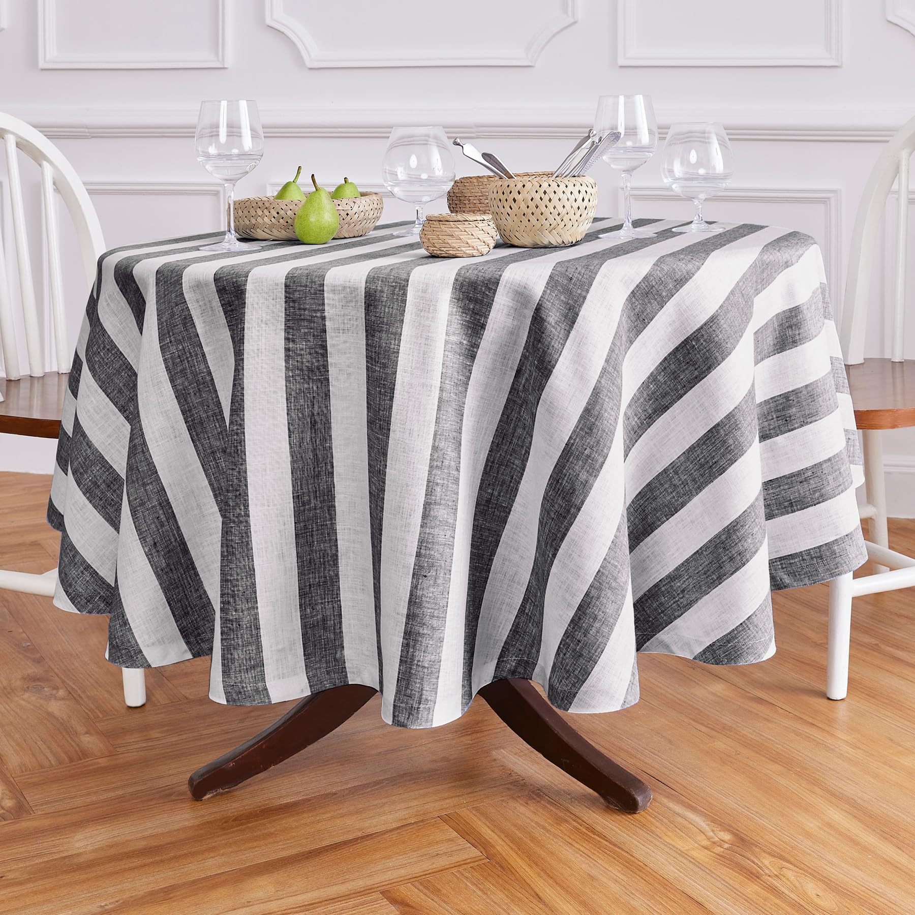 Solino Home Cabana Stripe Linen Round Tablecloth 60 Inch Diameter - 100% Pure Linen Black And White Tablecloth For Spring, Easte