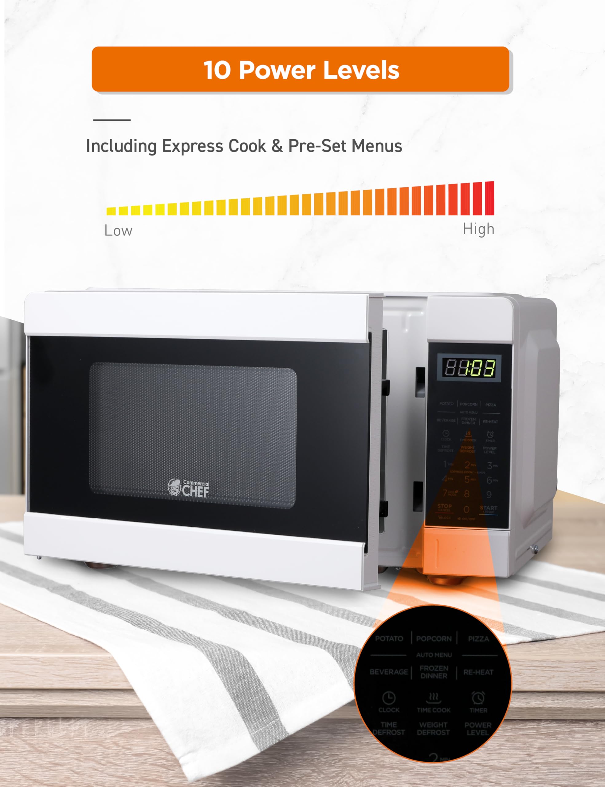 Commercial Chef 0.9 Cu Ft Microwave With 10 Power Levels, Push Button And Child Lock, 900 Watt Microwave With Digital Controls,