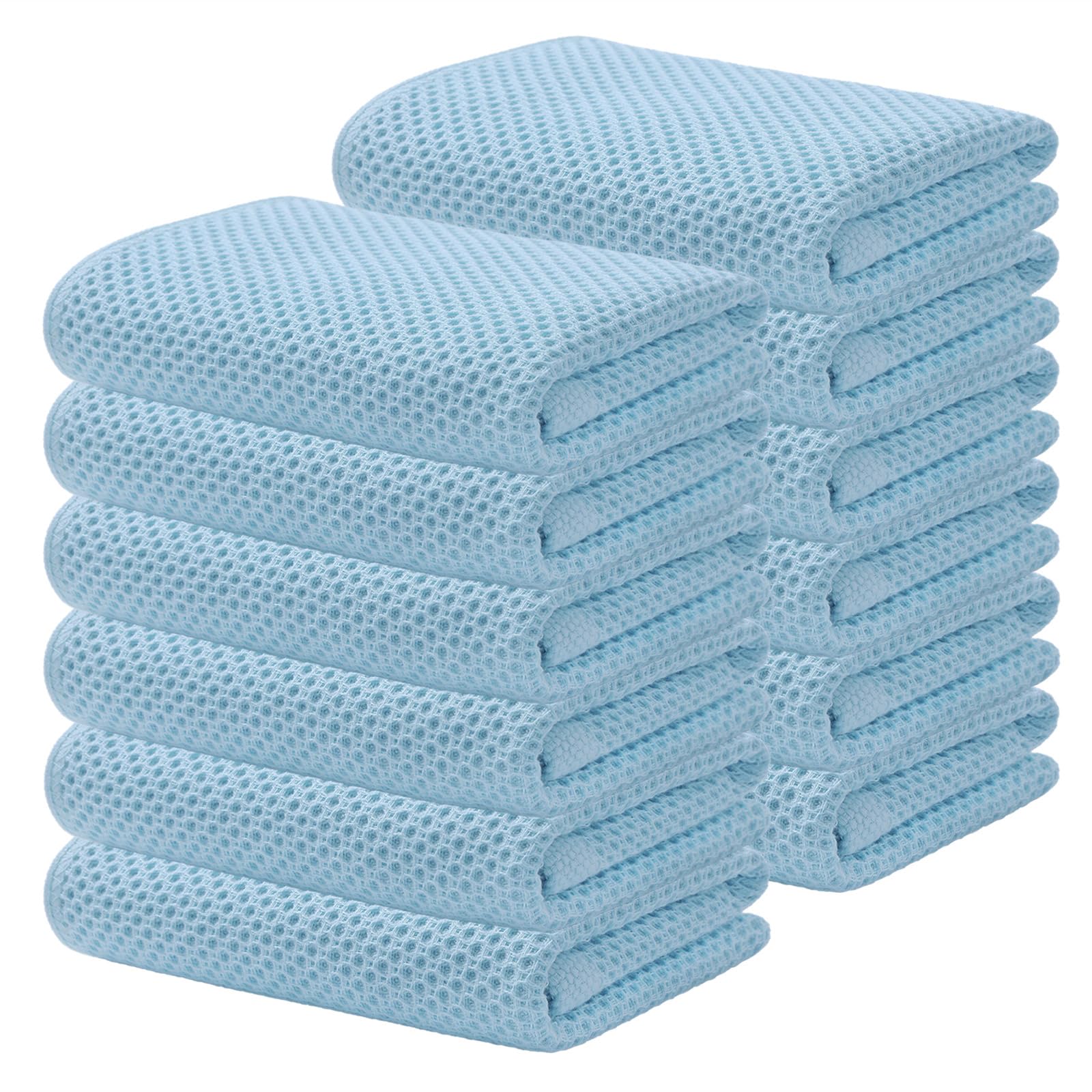 Kitinjoy 100% Cotton Waffle Weave Kitchen Towels (13 X 28 Inches, Sky Blue), 12-Pack Super Soft and Absorbent Dish Towels for Dr