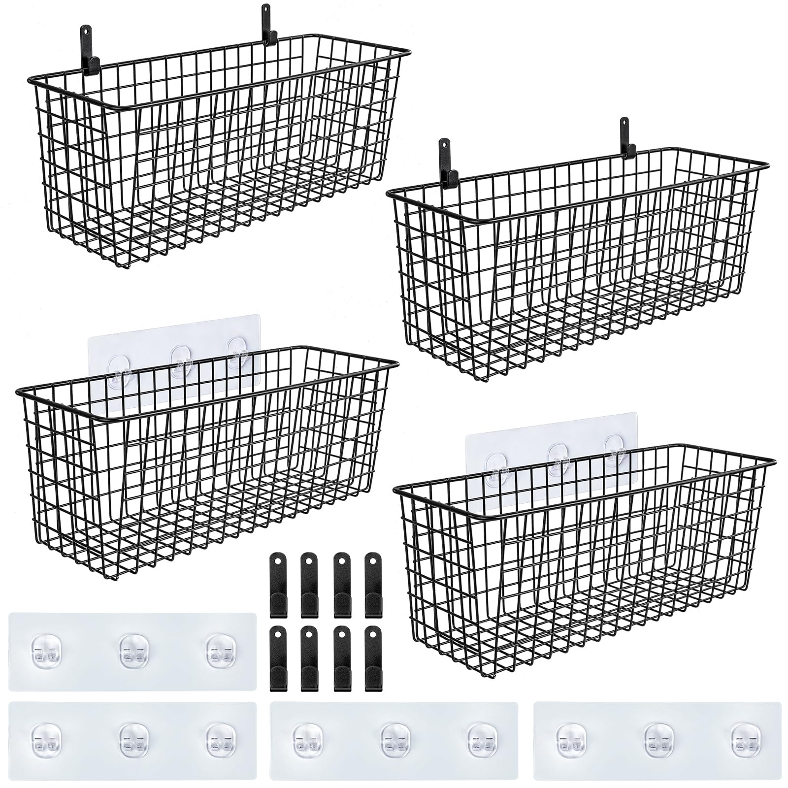 Aozita [2 Wall Mounting Options], 4 Set Extra Large Hanging Wall Mount Basket For Storage With Adhesive Hooks & Steel Hooks, Stu