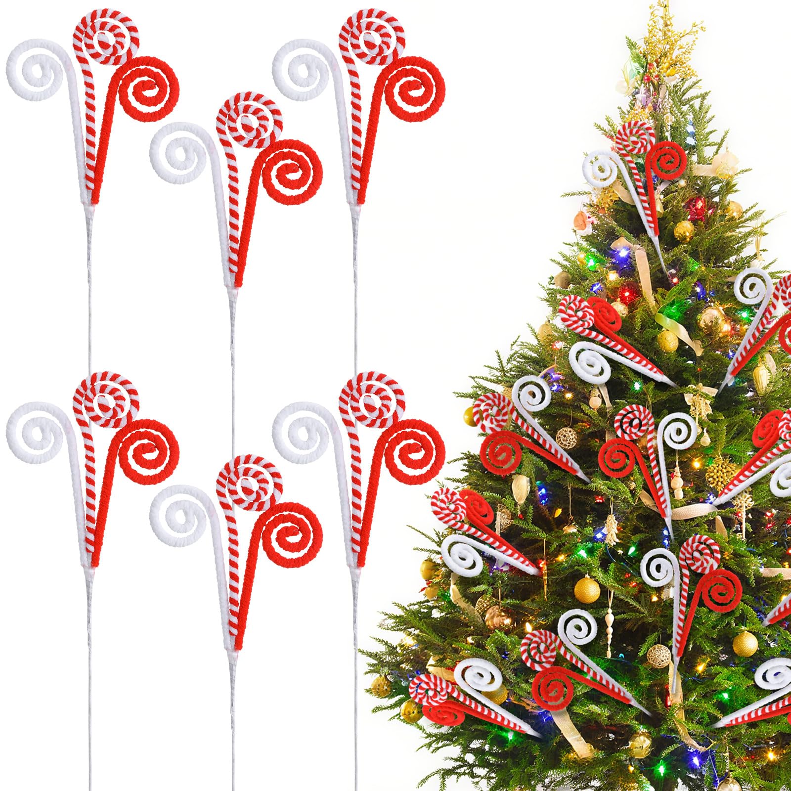 Gerrii 16 Red White Christmas Tree Pick Decor Candy Cane Xmas Ornament Peppermint Curly Pick Spray Lollipop Stem Large Tree Topp