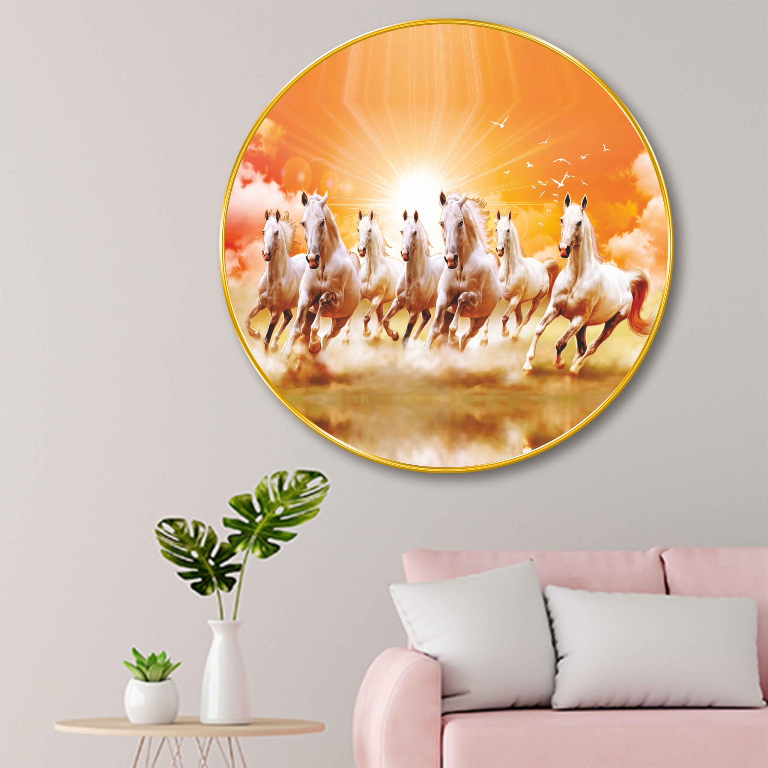 Saf 7 Running Horses Round Wall Painting - Vastu Inspired Wall Art For Wealth & Success | Golden Frame Spiritual Home Dcor For L