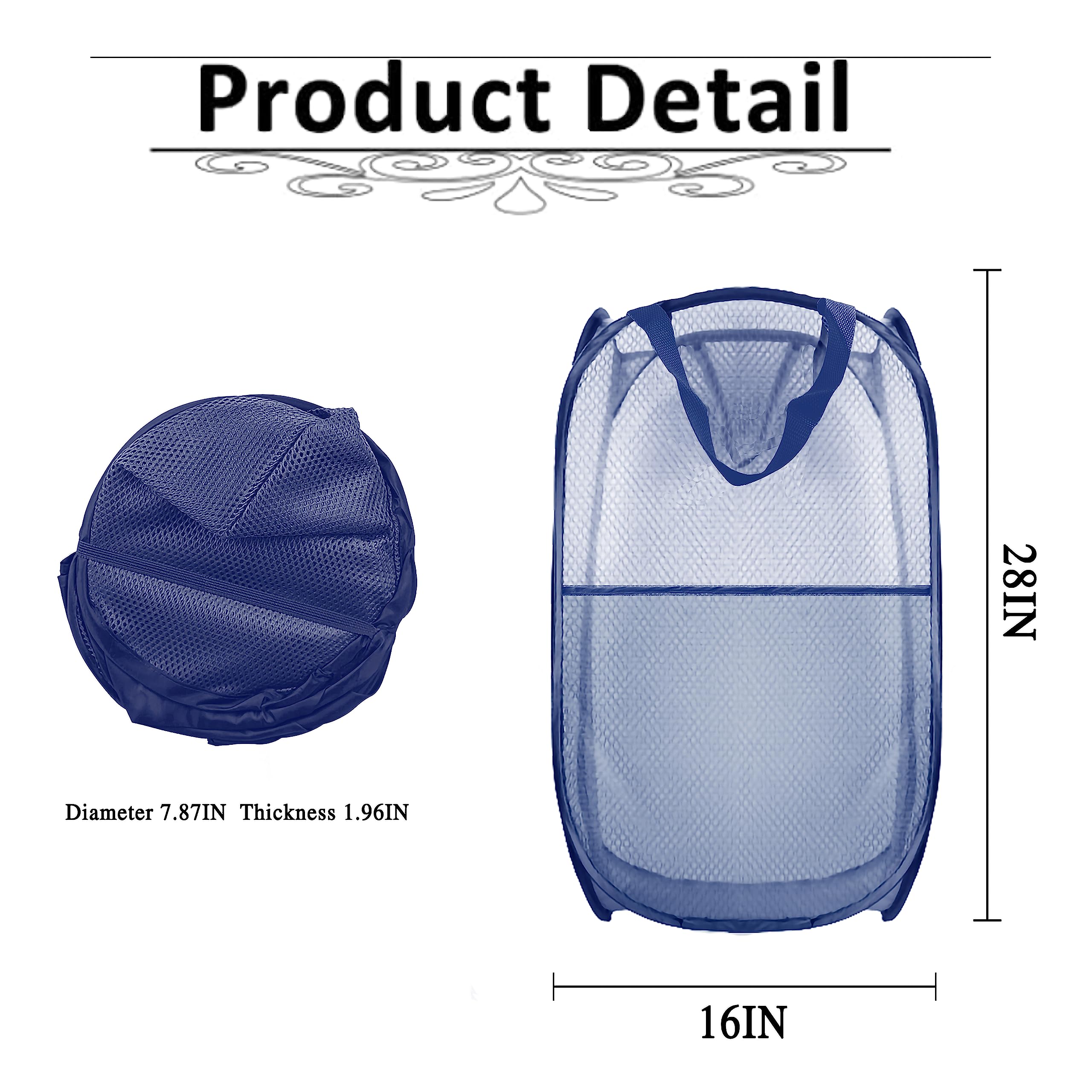 Buyongwant Collapsible Pop Up Laundry Hamper, Mesh Foldable Laundry Basket, Extra Large - 28'' X 16'' X 16'' (Blue)