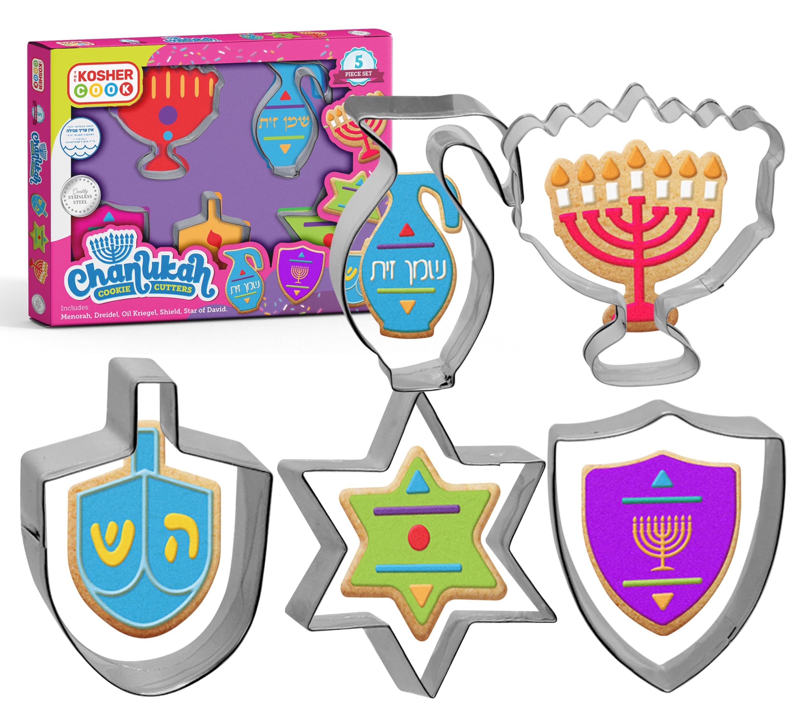 The Kosher Cook Hanukkah Cutters And Stainless Steel Chanukah Cookie Cutters, 5 Piece Set