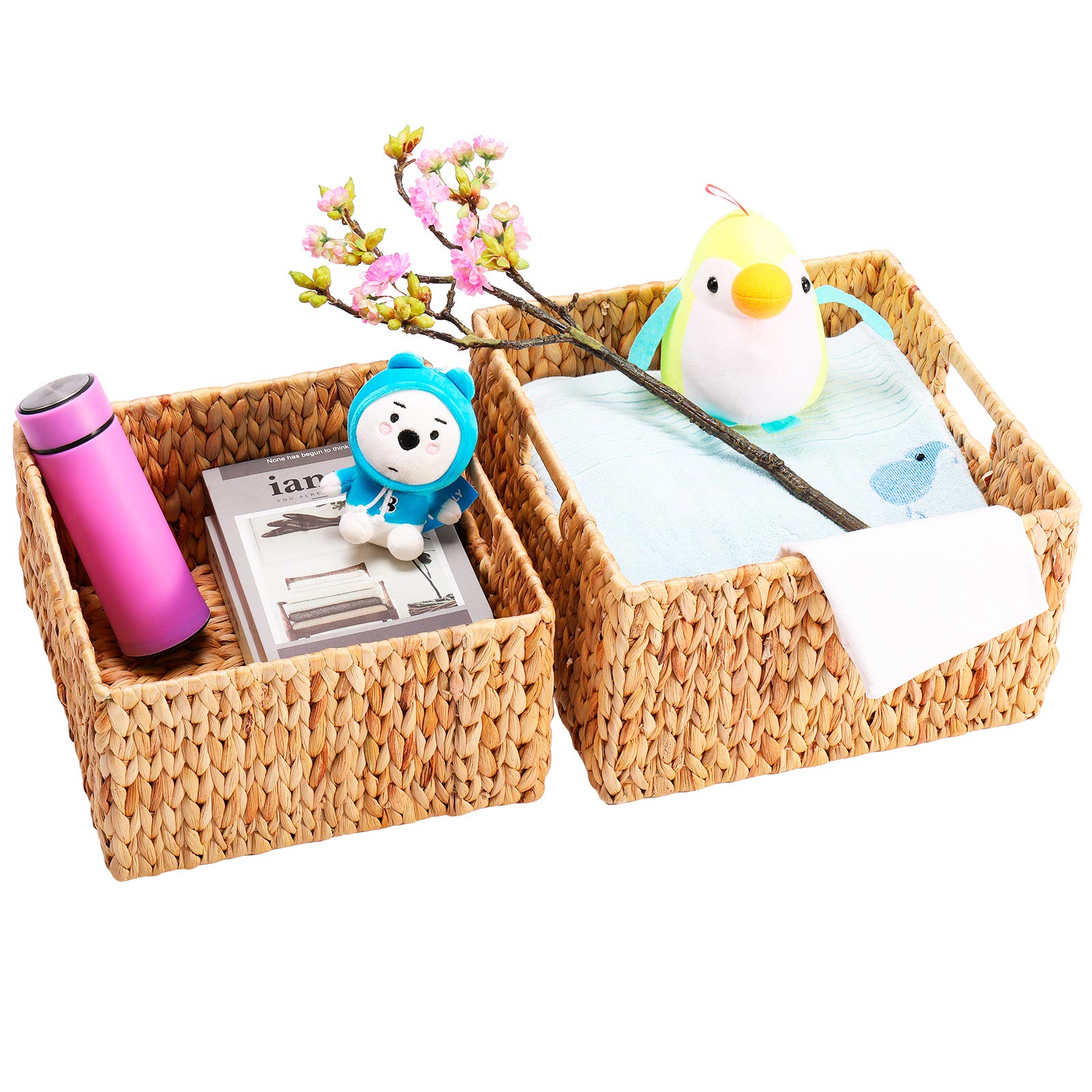 HOONEX Water Hyacinth Storage Baskets for Organizing  Decorative Wicker Baskets with Carrying Handles  Set of 2  Natural
