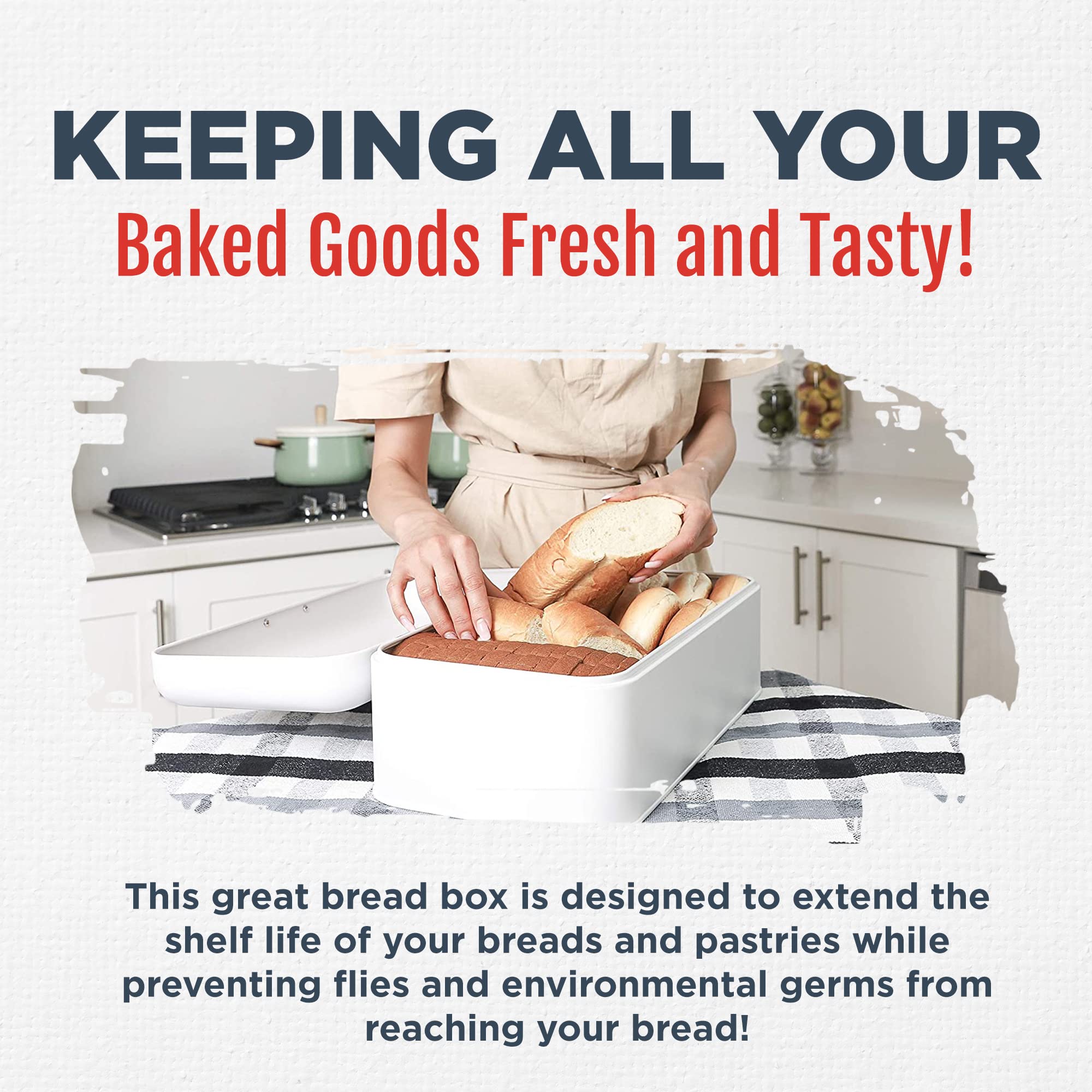 Culinary Couture Extra Large White Bread Box For Kitchen Countertop - Holds 2 Bread Loaves! - 16.5'' X 9'' X 6.5'' - Stainless S