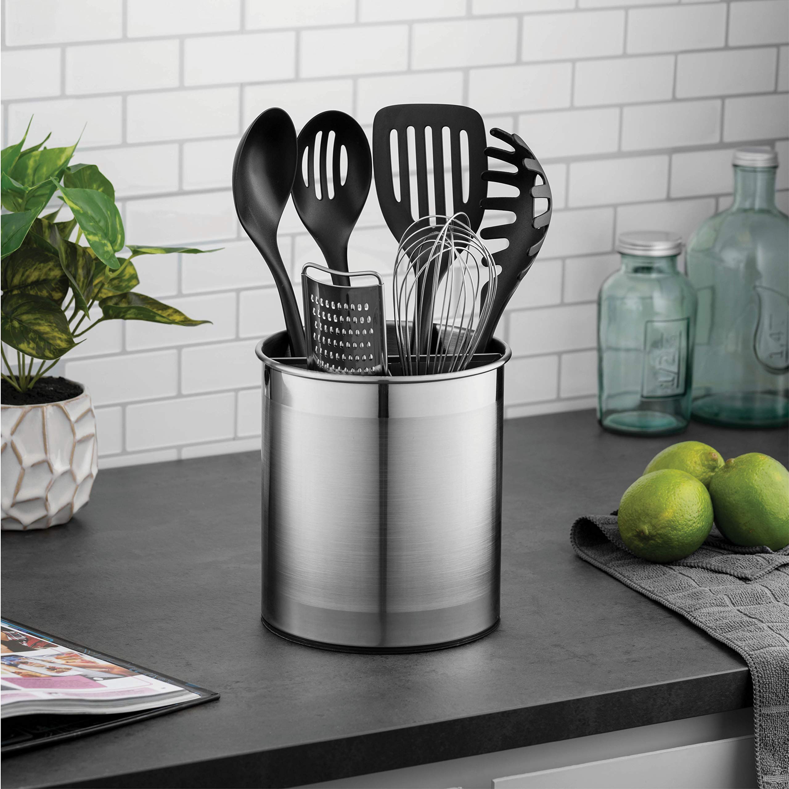 Finedine Rotating Utensil Crock With Weighted Base For Stability, Stainless Steel Utensil Caddy With Removable Divider, Brushed