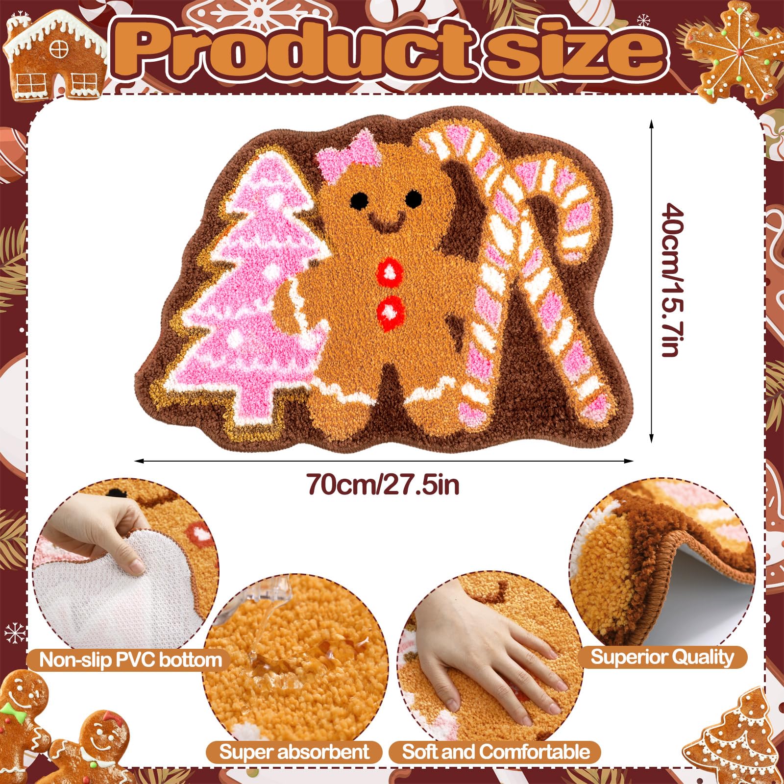 Drydiet Christmas Gingerbread Man Bathroom Rug Cute Xmas Candy Cane Christmas Tree Door Mat Bath Mat Shower Bathroom Decoration