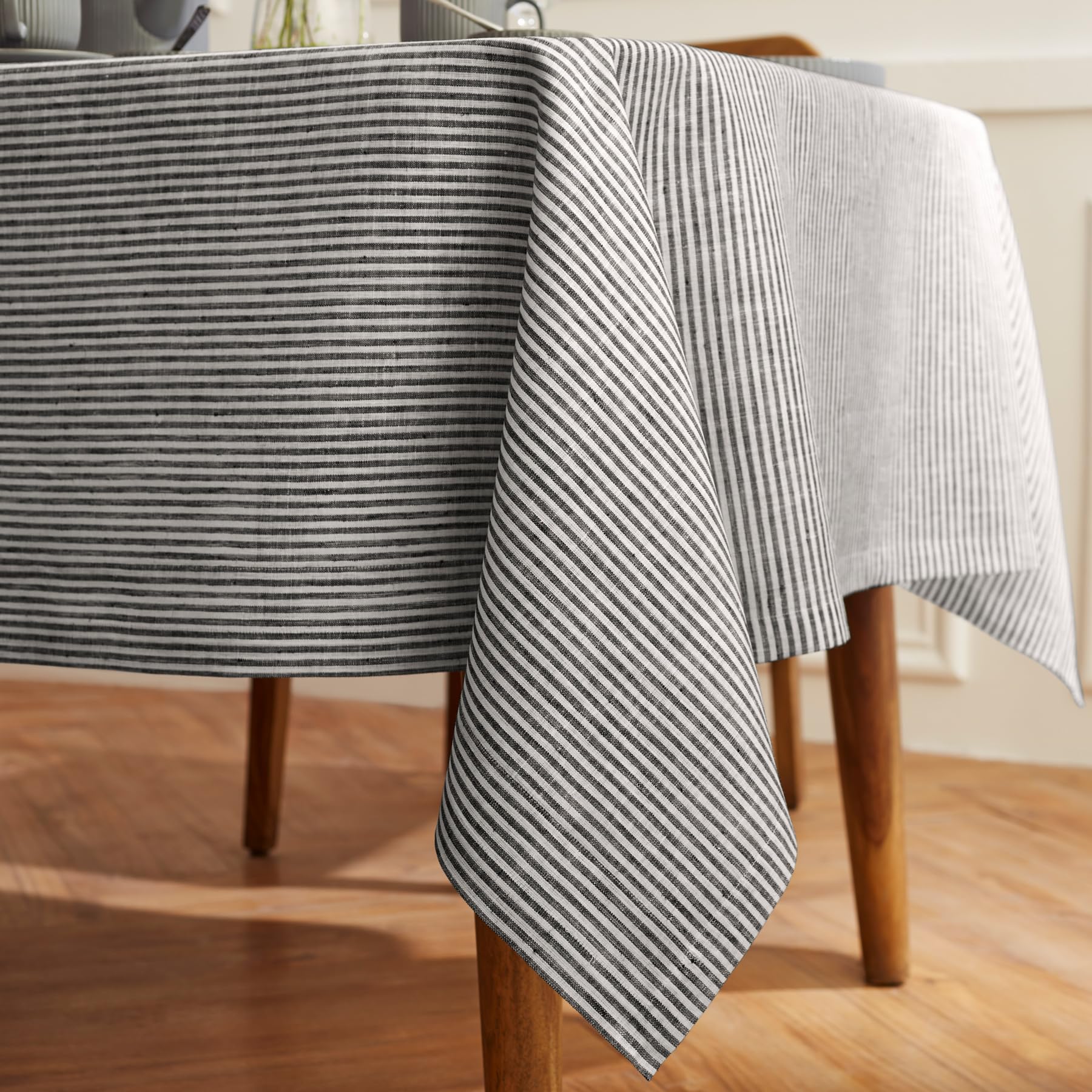 Solino Home Stripe Linen Tablecloth - 100% Pure Linen Black And White Tablecloth 90'' L X 60'' W For Spring, Easter - Handcrafte
