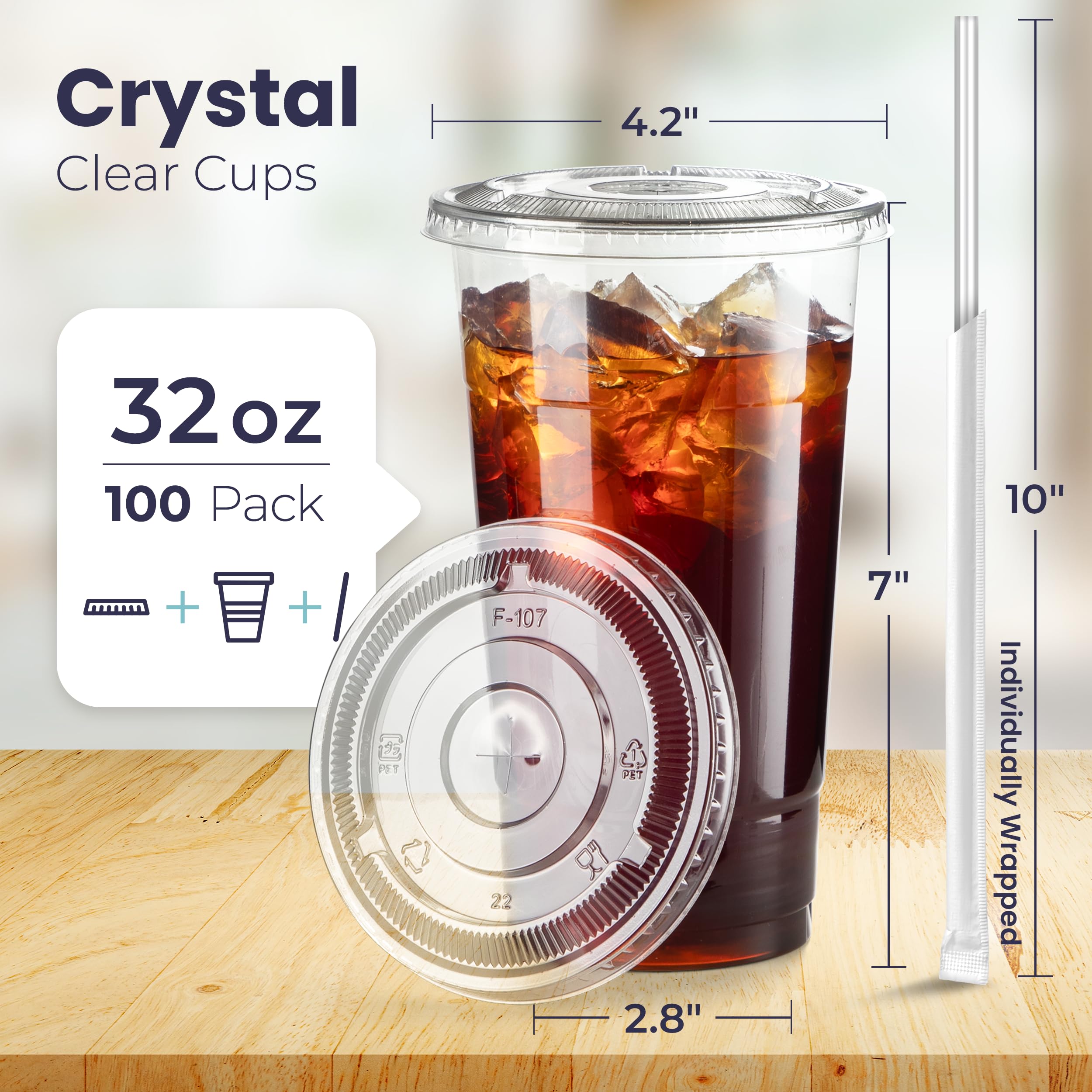 [100 Pack] 32 oz Clear Plastic Cups with Flat Lids and Clear Straws  Disposable Iced Coffee Cups  BPA Free Crystal Lemonade Cup for Party  Smoothie  Cold Drinks  Juice  Milkshake  Bubble Boba  Tea