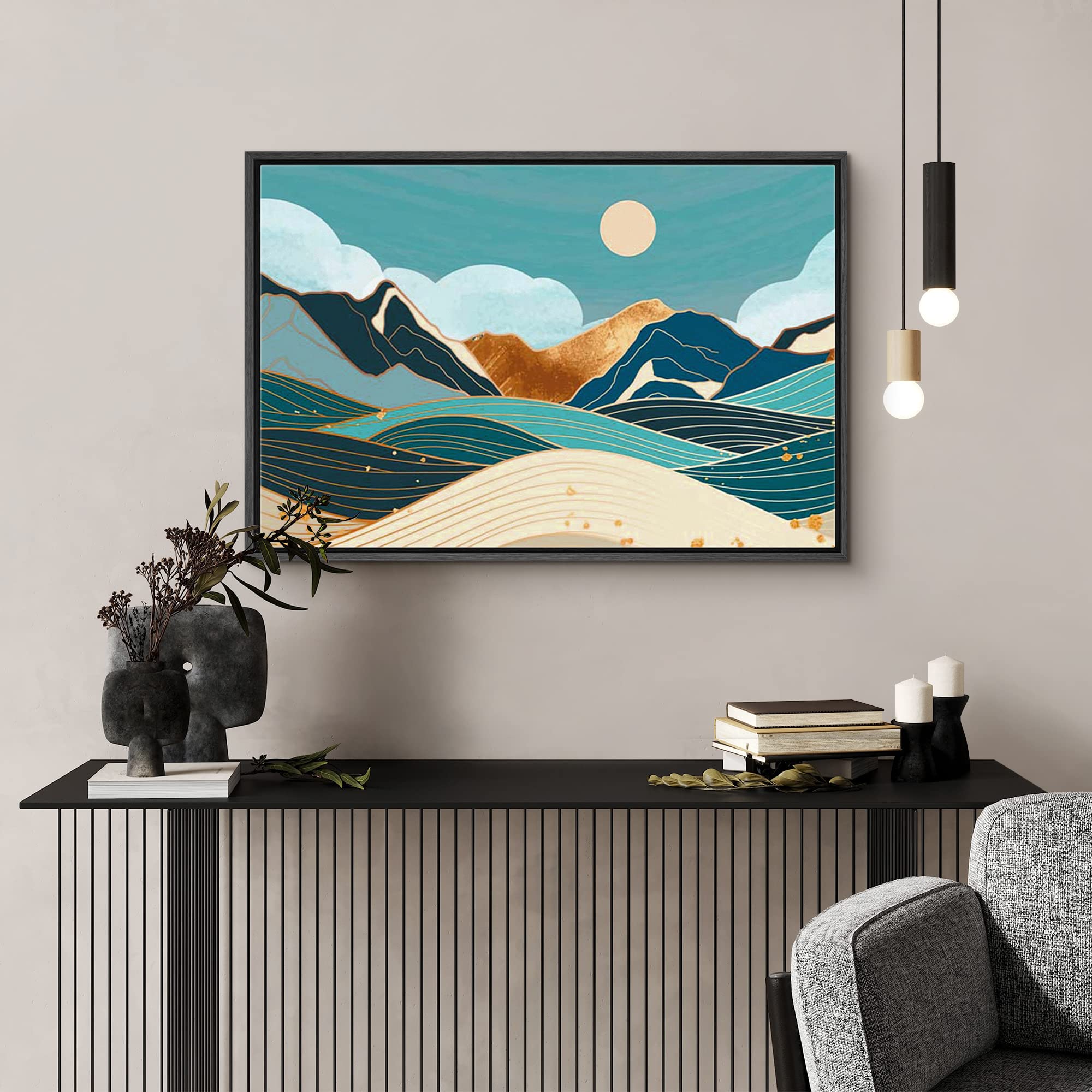 Signford Framed Canvas Print Wall Art Geometric Marble Pastel Mountain Range Sky Nature Wilderness Illustrations Modern Art Zen
