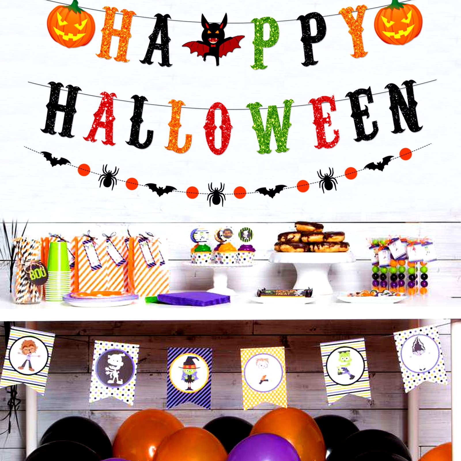 Black-Orange Green-Gold Halloween Party-Decorations - 8Pcs Kits Happy Halloween Banner, Tissue Flower Paper Pom Poms Streamers,B