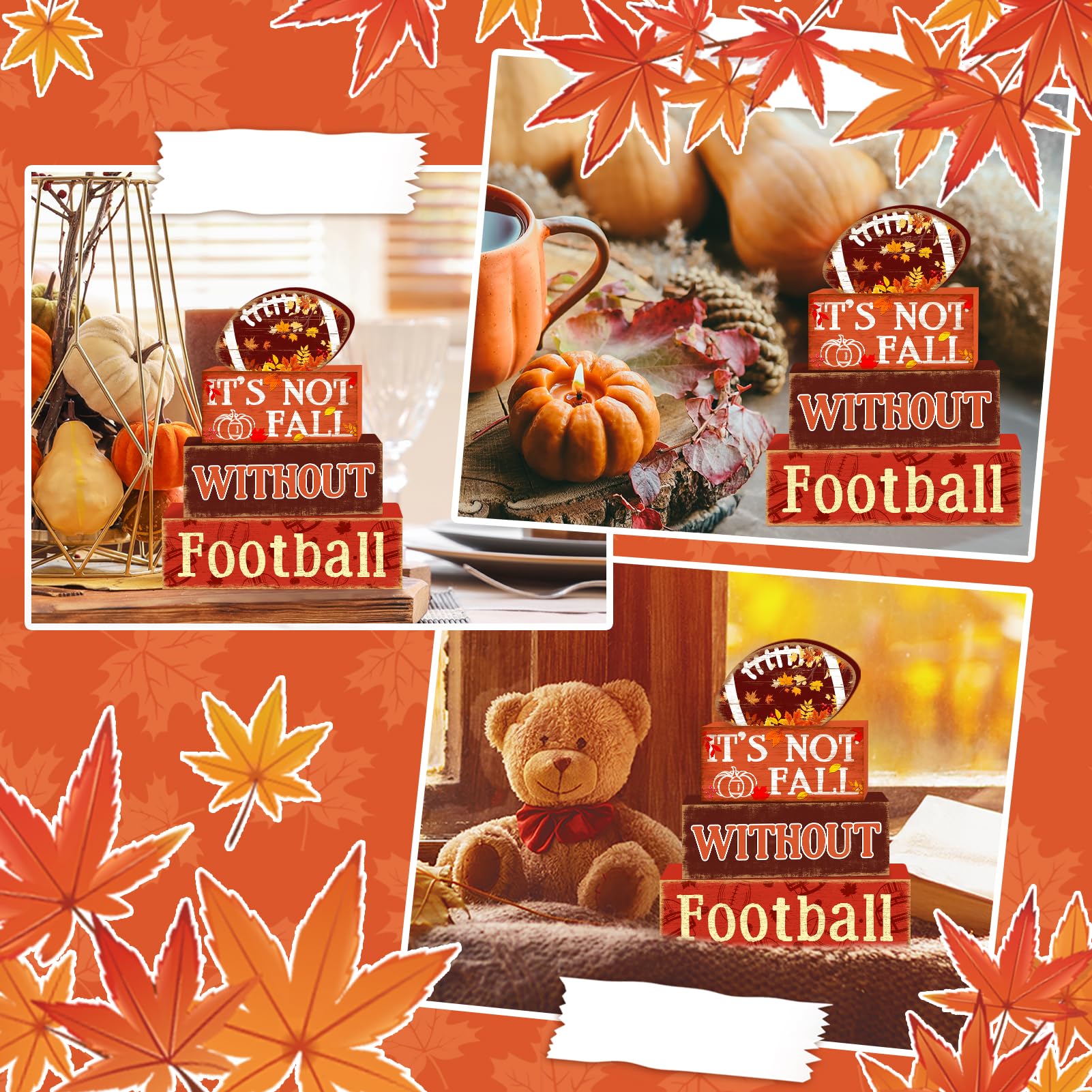 Britimes 4 Pcs Fall Football Decor Wooden Tiered Tray Decorations Set Game Day Stack Block Signs Pumpkin Leaf Farmhouse Rustic F