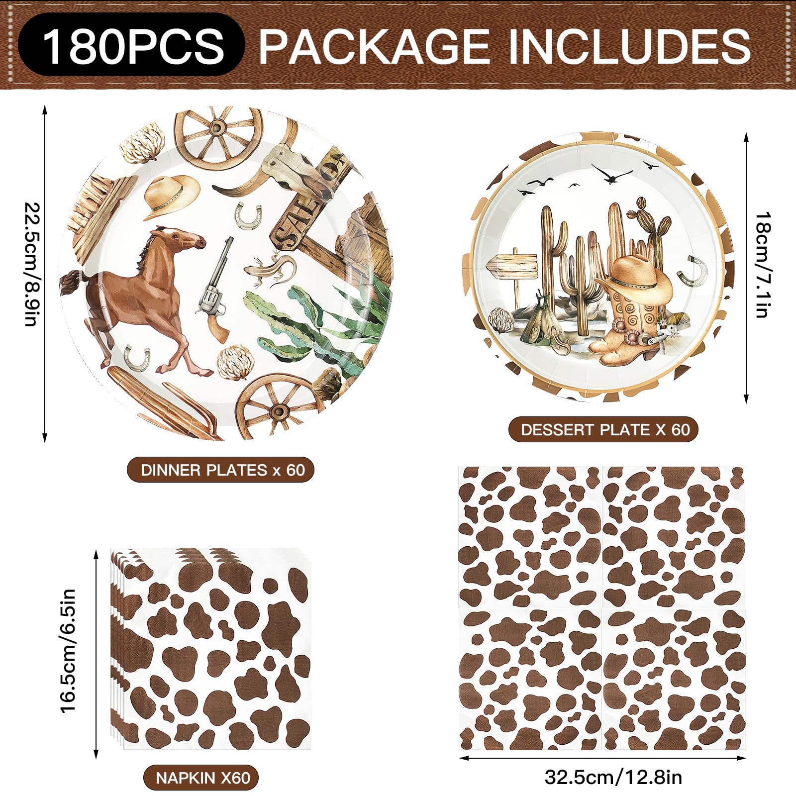 180Pcs Cowboy Party Supplies Serve 60, Western Party Paper Plates And Napkins Kit For Wild West Cowboy Rodeo Birthday Baby Showe