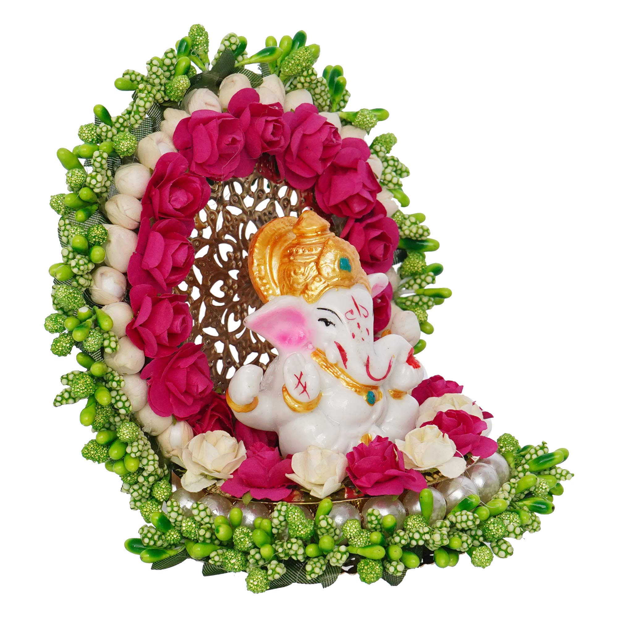 Ecraftindia Resin Lord Ganesha Idol On Decorative Green Pink Floral Plate| Ganesha Idol For Home Decor Car Dashboard| Ganesha St