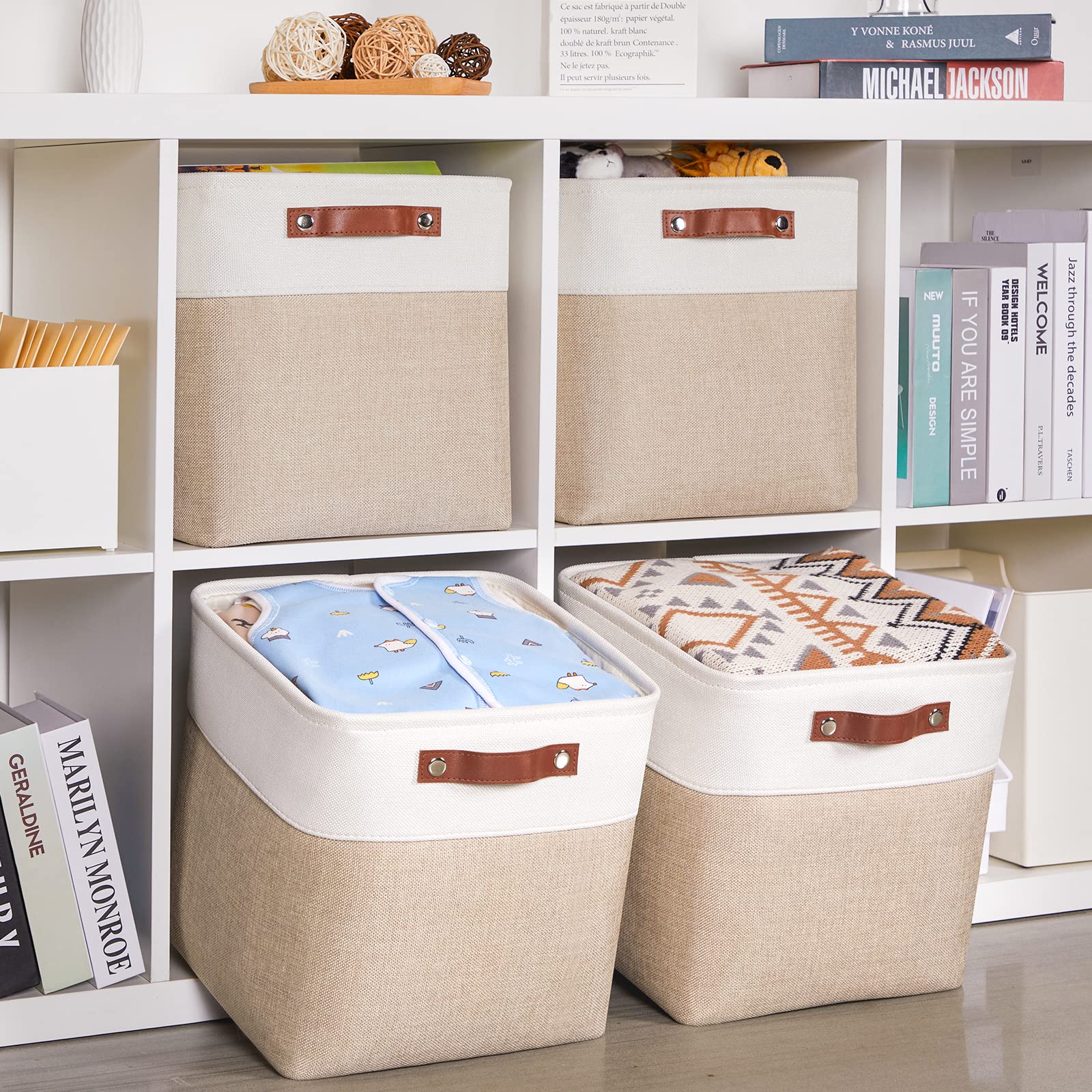 HNZIGE Foldable (4 Pack ) Storage Baskets for Shelves  Organizing Closet 12x12 Baskets for Cube Storage Home Organization with Handles(White&Beige )