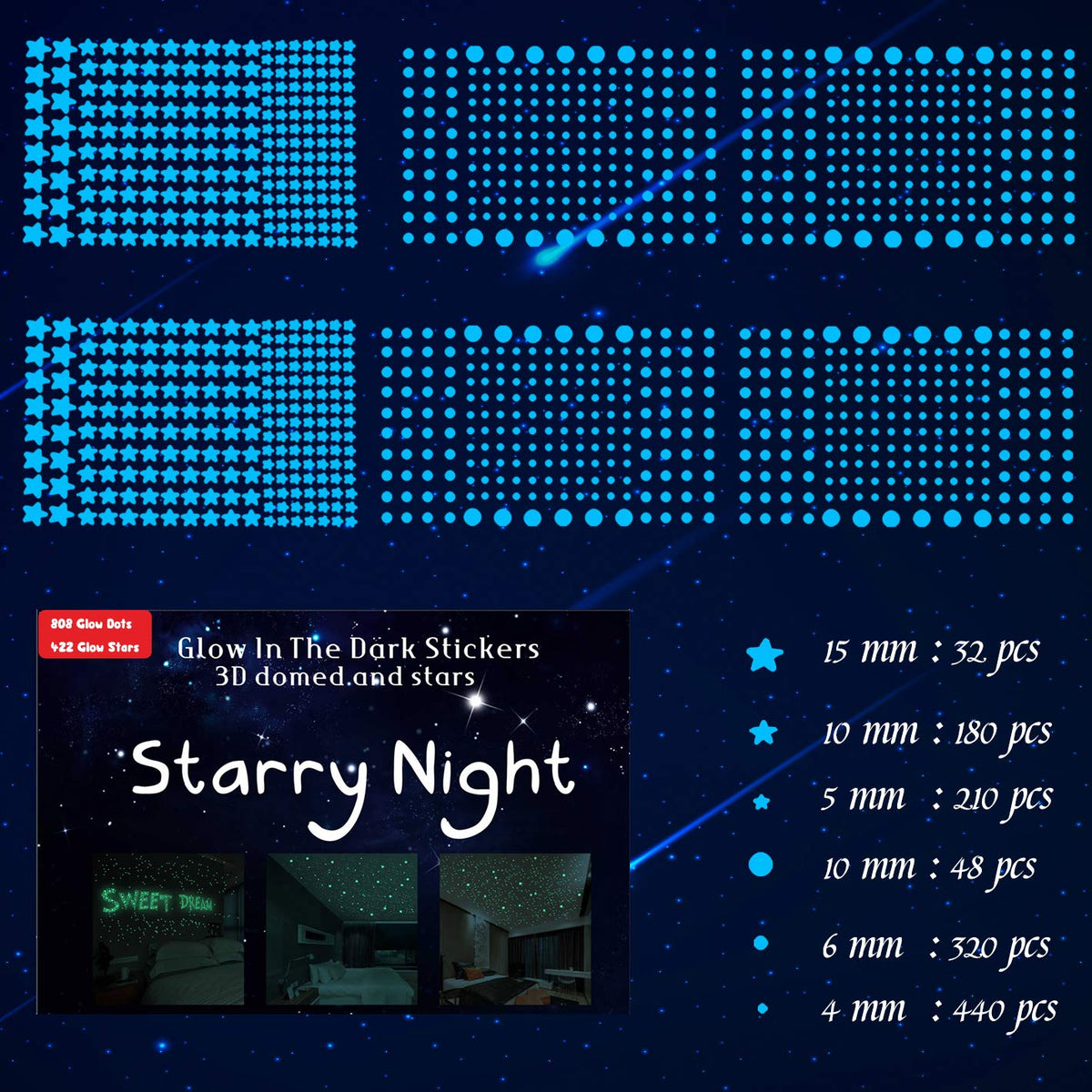 1230 Pcs Ultra Glow In The Dark Stars Wall Stickers, 3D Adhesive Dots Decor Starry Sky Decor For Kids Bedroom Or Birthday Gift,B