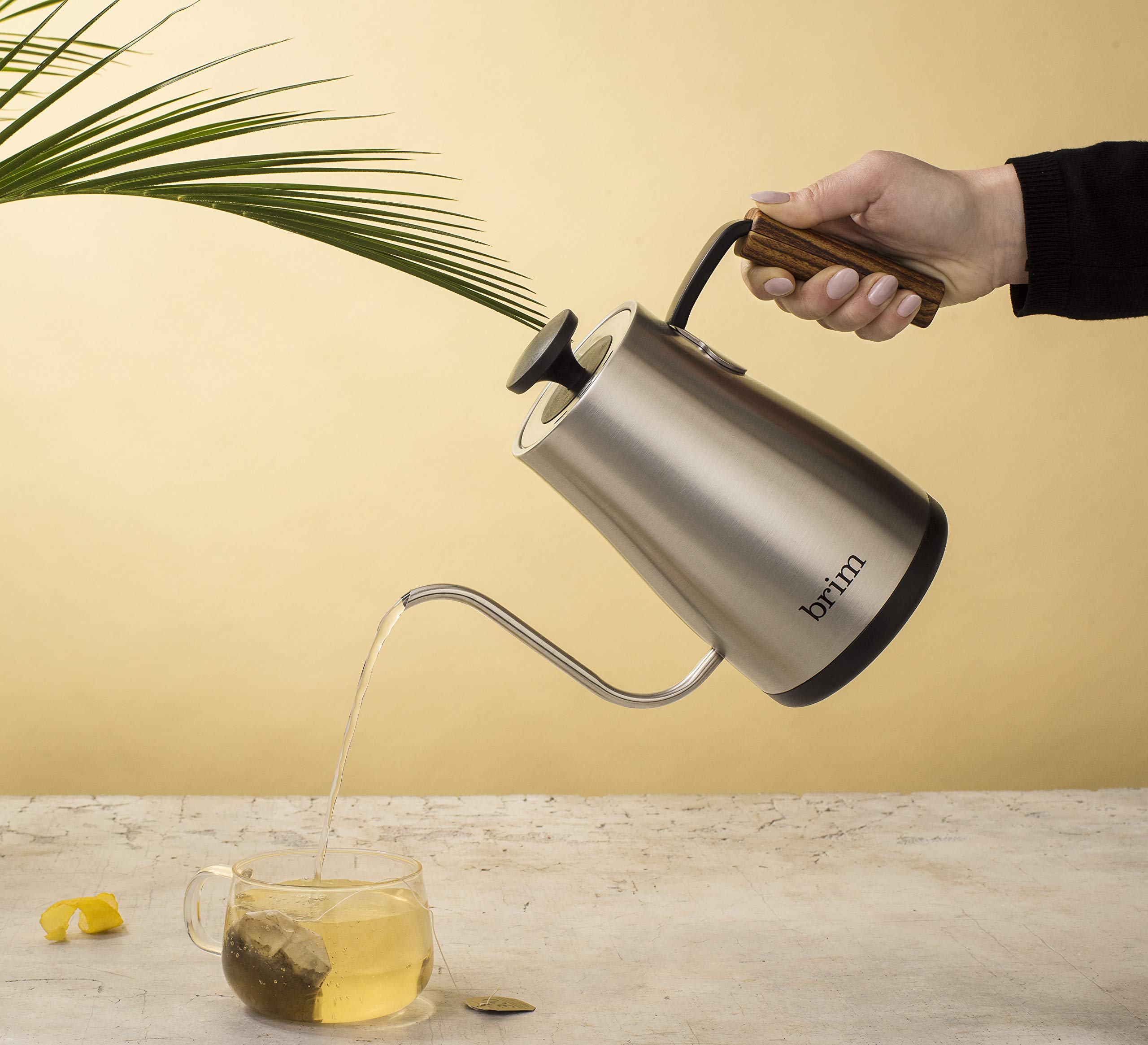 Brim 08L Gooseneck Kettle W Wood Handle, Easy Brewing Pour Over Coffee, Tea Or Hot Beverages, 6 Variable Temperature Presets, Ca