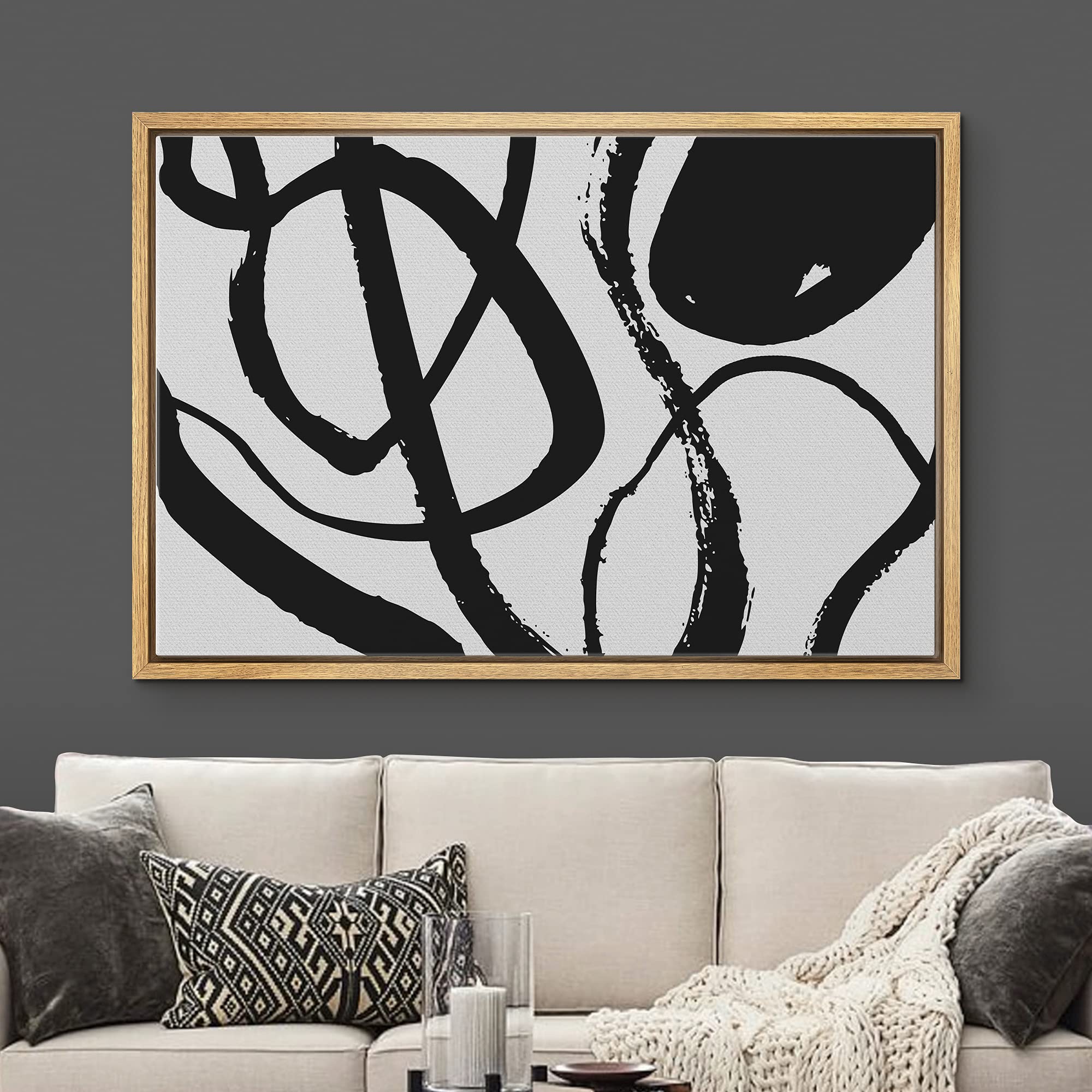 Bestdeal Depot Framed Canvas Print Wall Art Swirling Dark Line Array On Gray Background Abstract Shapes Illustrations Modern Art