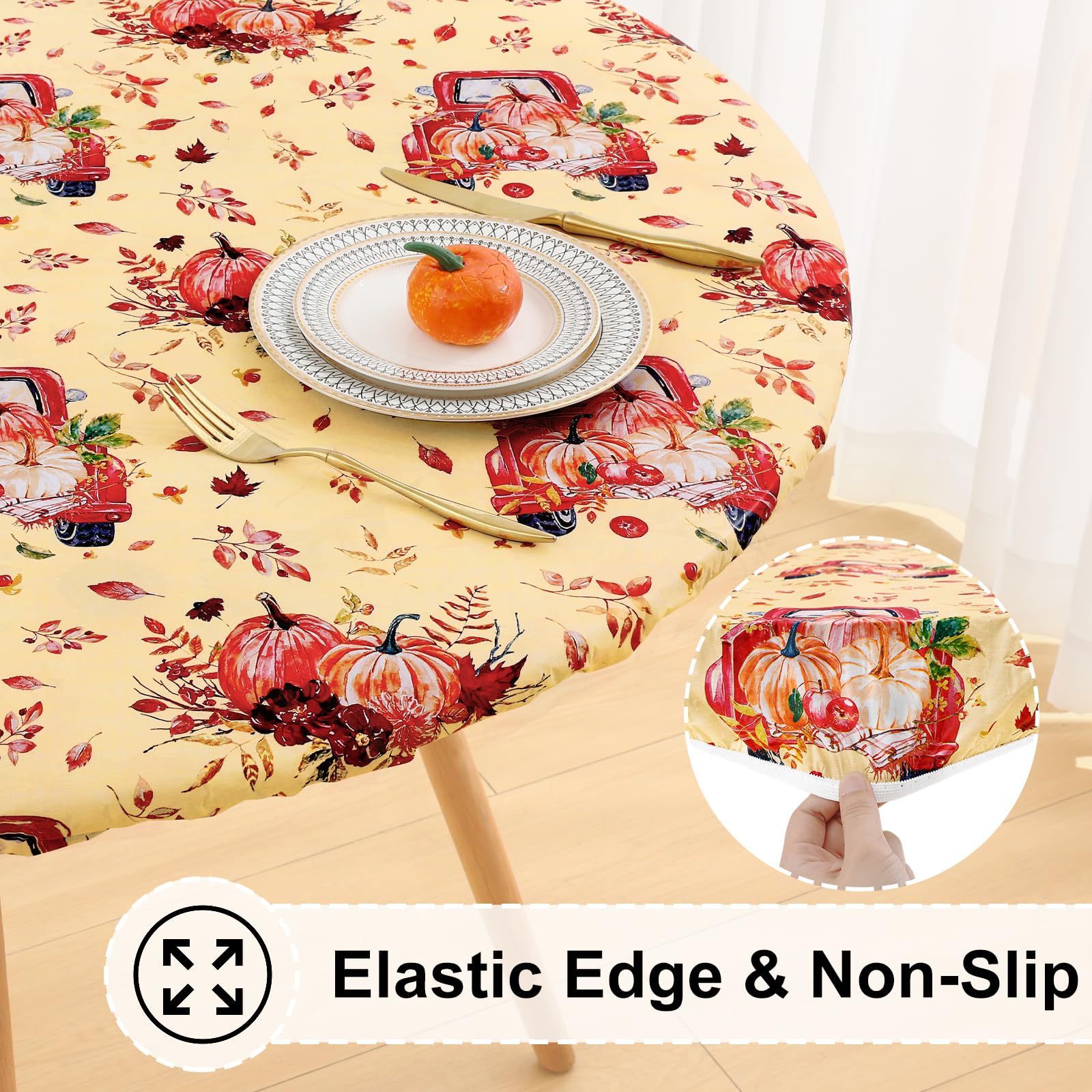 misaya Round Fitted Tablecloth with Elastic Edge, Waterproof Oil Proof Plastic Table Cover, Vinyl Flannel Backed Tablecloth Fits