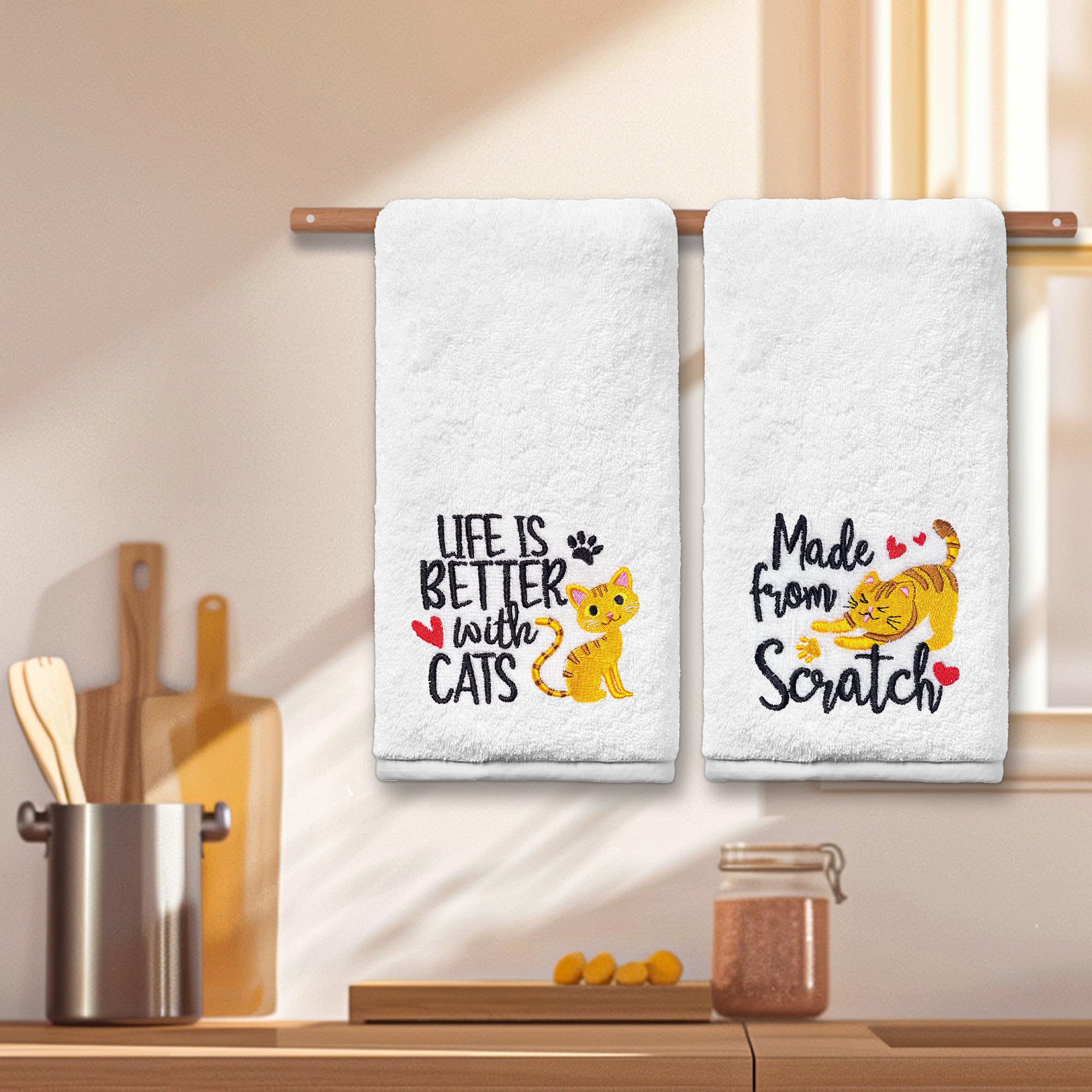 FUTBU Cat Hand Towels for Bathroom - Set of 2, Embroidered Cat Lover Gifts, Soft Cotton 14x30 Inches