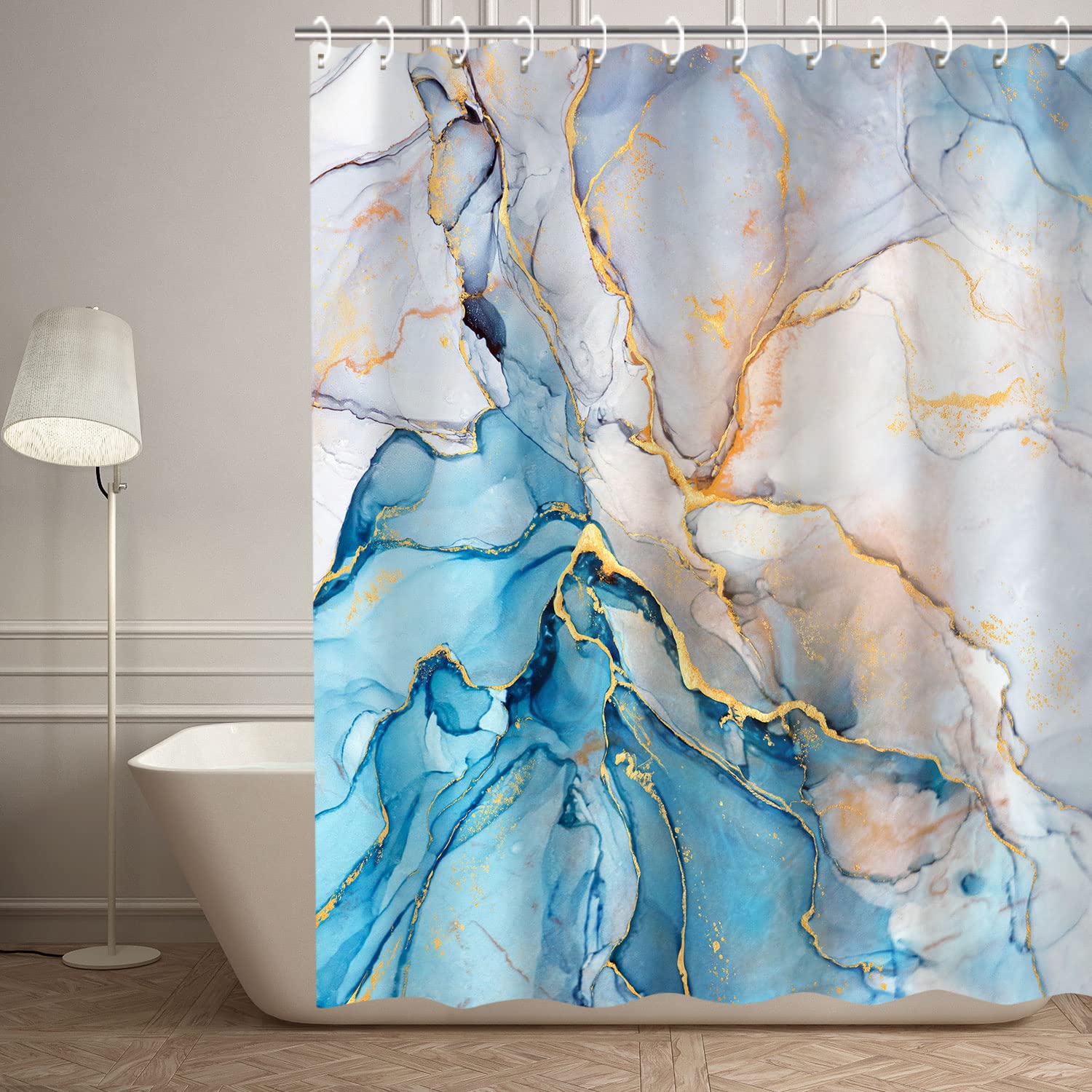 RosieLily Blue Shower Curtain  Marble Shower Curtains Set with 12 Hooks  Watercolor Blue Gold White Shower Curtains  Cool Abstract Marble Bathroom Decor  72''x72''