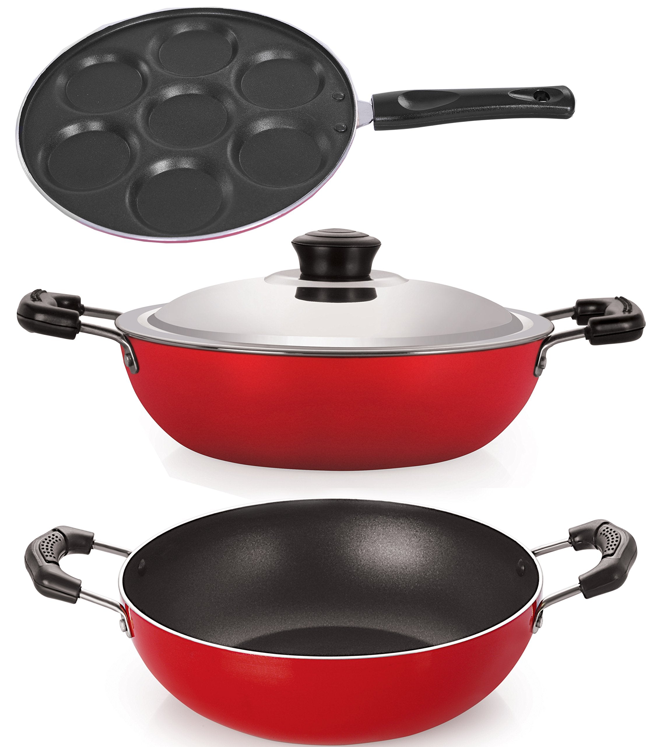 Aluminium Red & Black NonStick Set Of Deep Kadhai With Lid & Kadai Without Lid, Combo Offer In Kadhai Set.