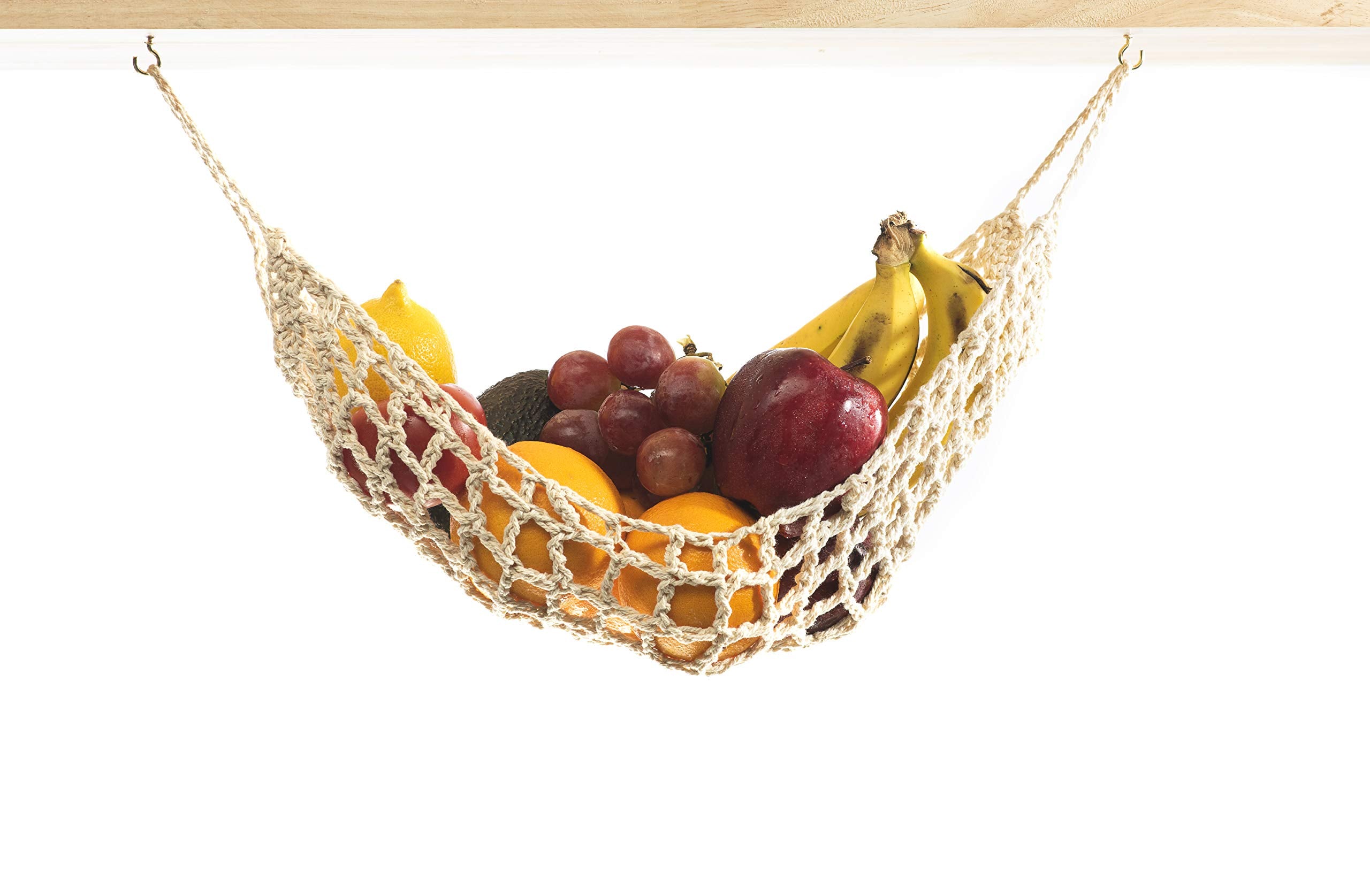 Hanging Fruit Hammock Under Cabinet - 1 Macrame Fruit Hammock With 2Pcs Hooks - Handwoven Cotton Basket Storage For Produce, Ban