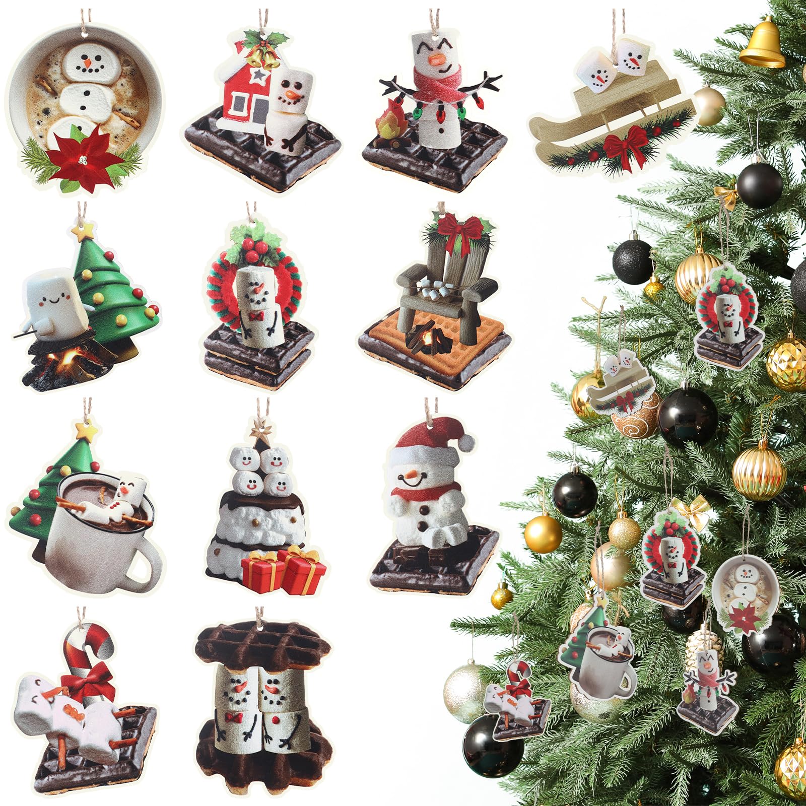 Thyle 36 Pcs S'Mores Ornaments Roasting Marshmallow Christmas Wooden Hanging Ornaments Decorative Christmas Decorations for Xmas