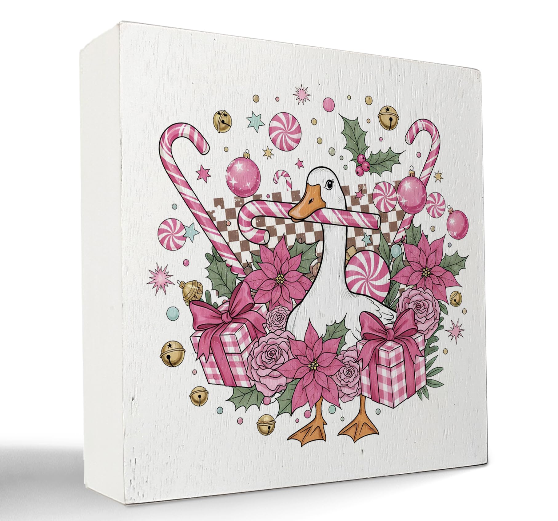 kunlisa Coquette Pink Floral Christmas Goose Wooden Sign, Preppy Girly Christmas, Groovy Retro Pink Xmas Goose Wood Box Sign for