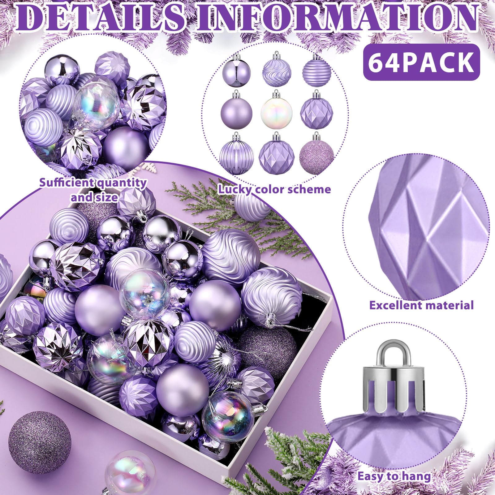 Lunmon 64 Pcs Lilac Purple Christmas Ball Ornaments Lavender Purple Christmas Ornaments Shatterproof Xmas Tree Decorations Set 1