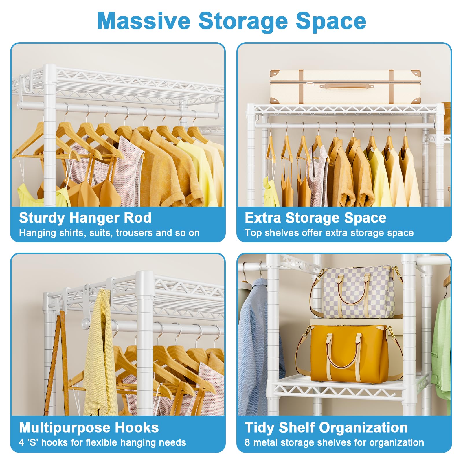 Ulif E4 Clothes Rack, Heavy-Duty Garment Rack, Metal Freestanding Clothing Organization Storage System Can Be L-Shaped With Shel