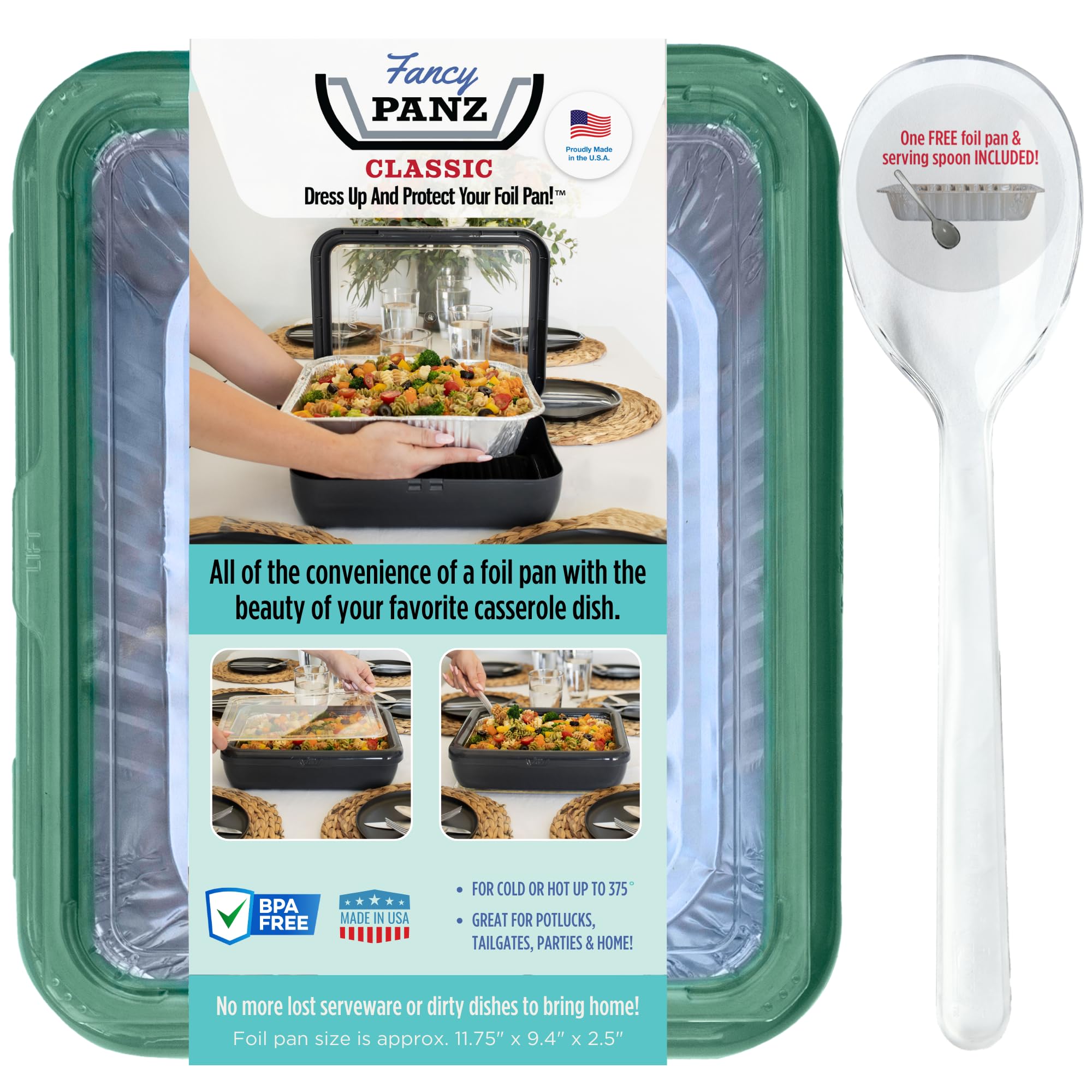 Fancy Panz - Green Classic Aluminum Foil Pan Carrier with Lid - Elevated Food Serving Tray - Portable Casserole Carrier with Lid