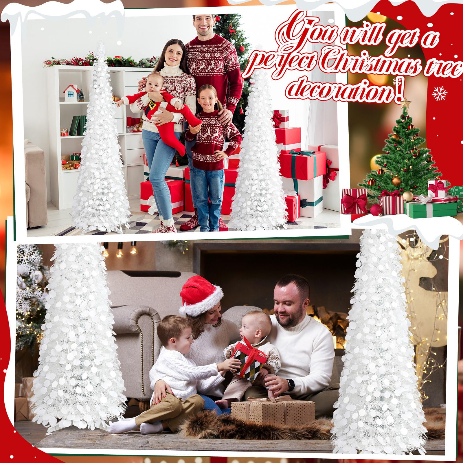 Leyndo 2 Pcs 5 ft Collapsible Artificial Christmas Tree Pop up White Sequined Tinsel Pencil Skinny Xmas Tree for Home Fireplace