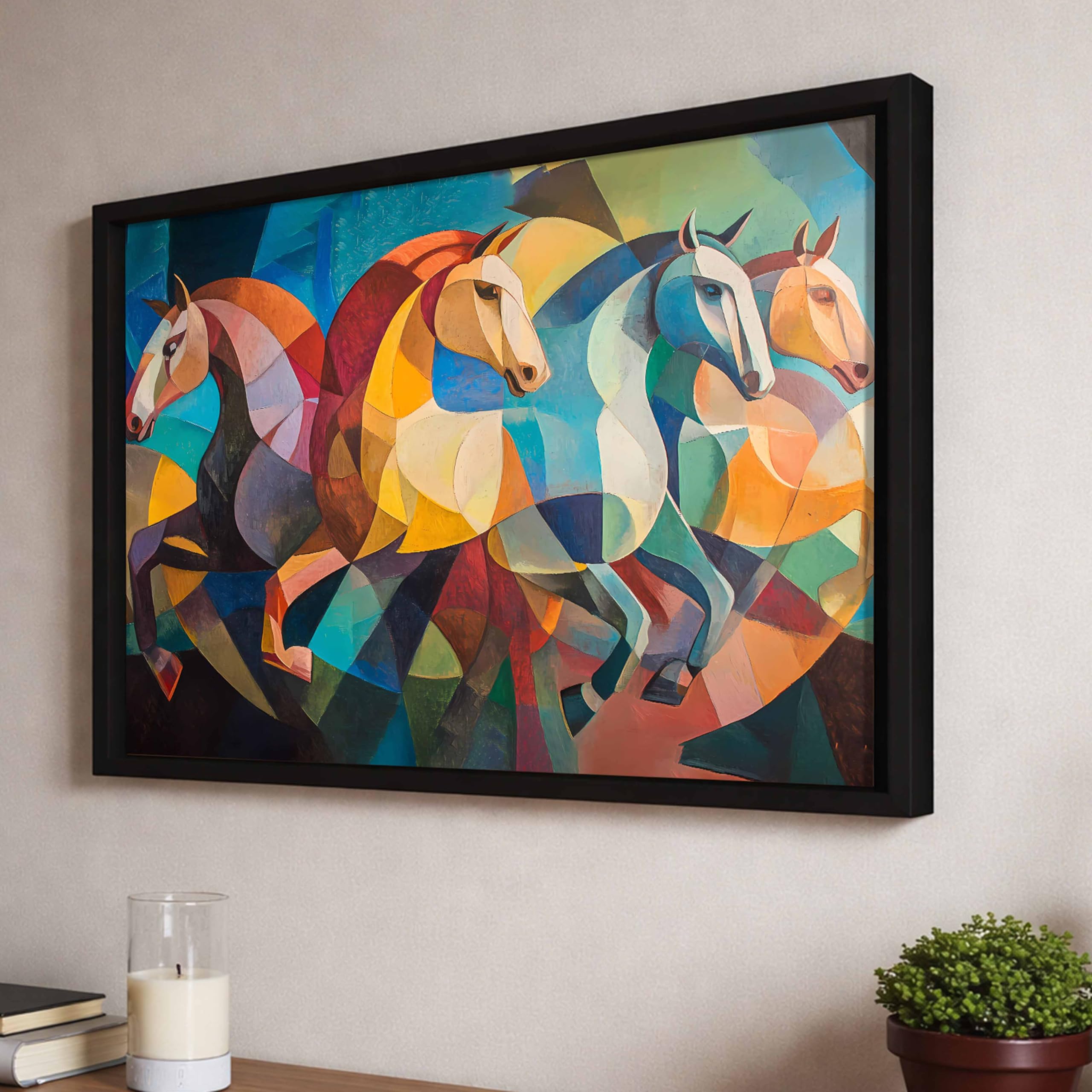 Abstract 4 Running Horses Vastu Framed Wall Art Painting For Living Room| Horse Painting With Frame Symbol Of Progress & Harmony